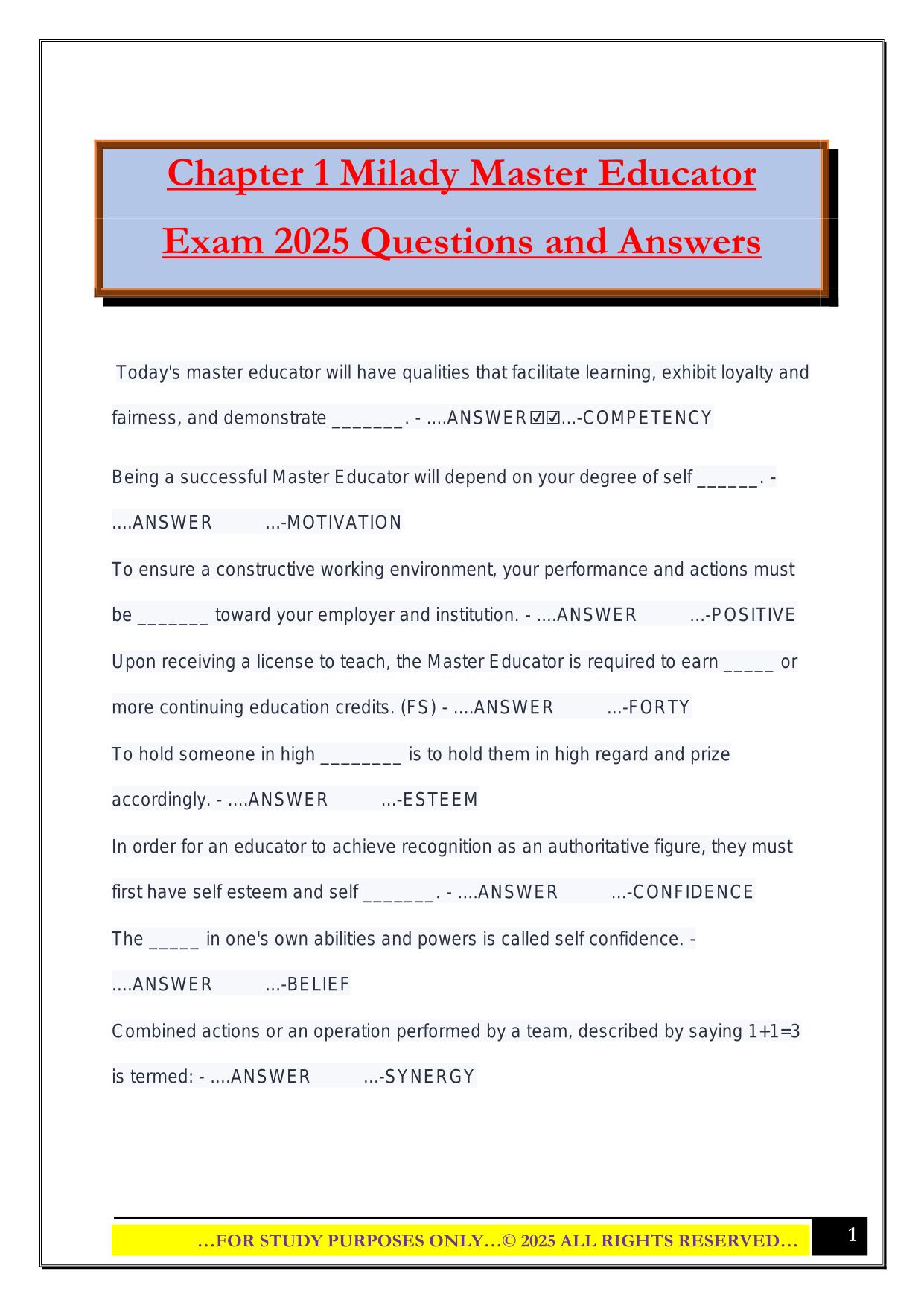 Chapter 1 Milady Master Educator Exam 2025 Questions and Answers