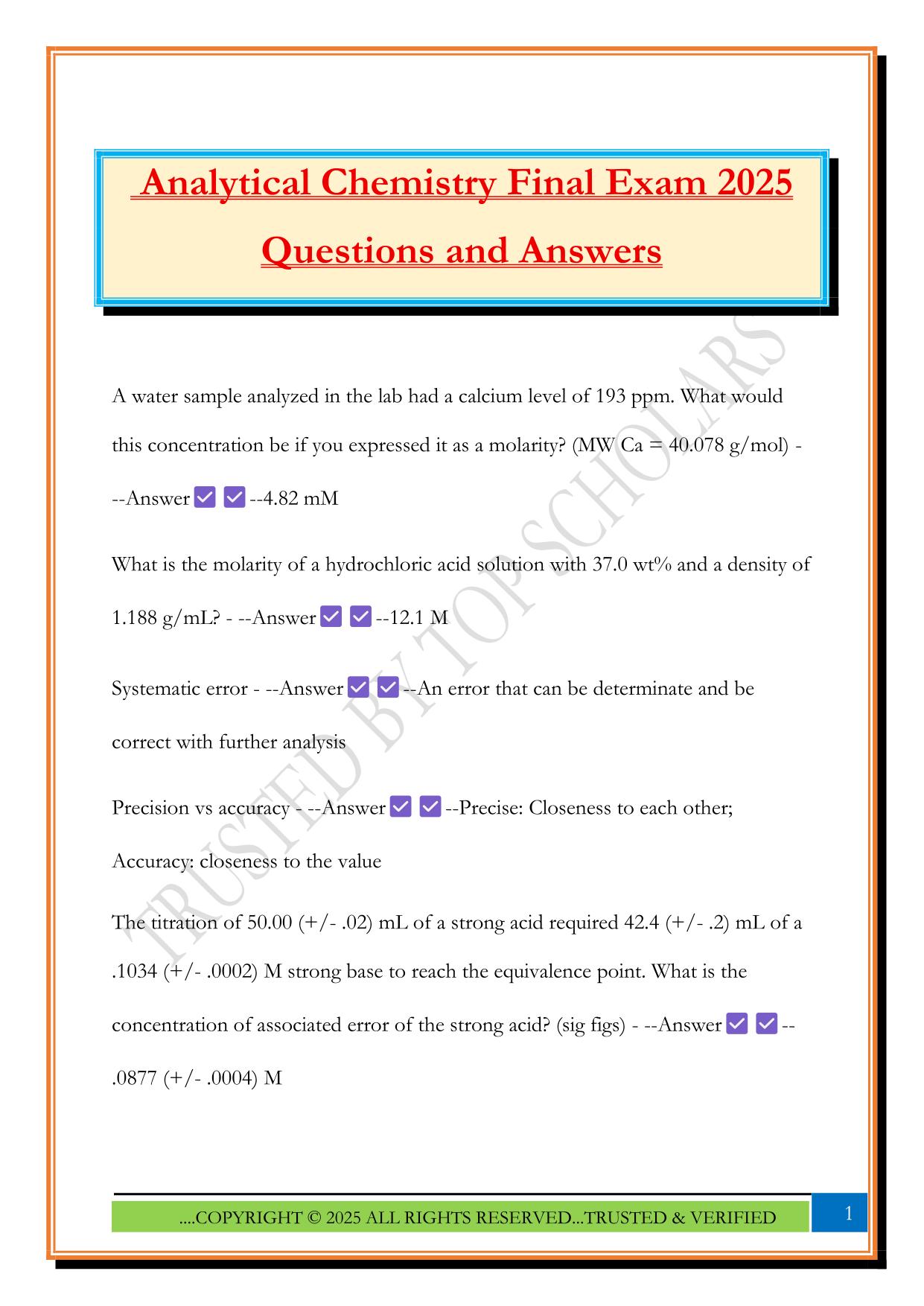 Analytical Chemistry Fall 2025 Bundled Exams Questions and Answers |100% Pass Verified and Updated