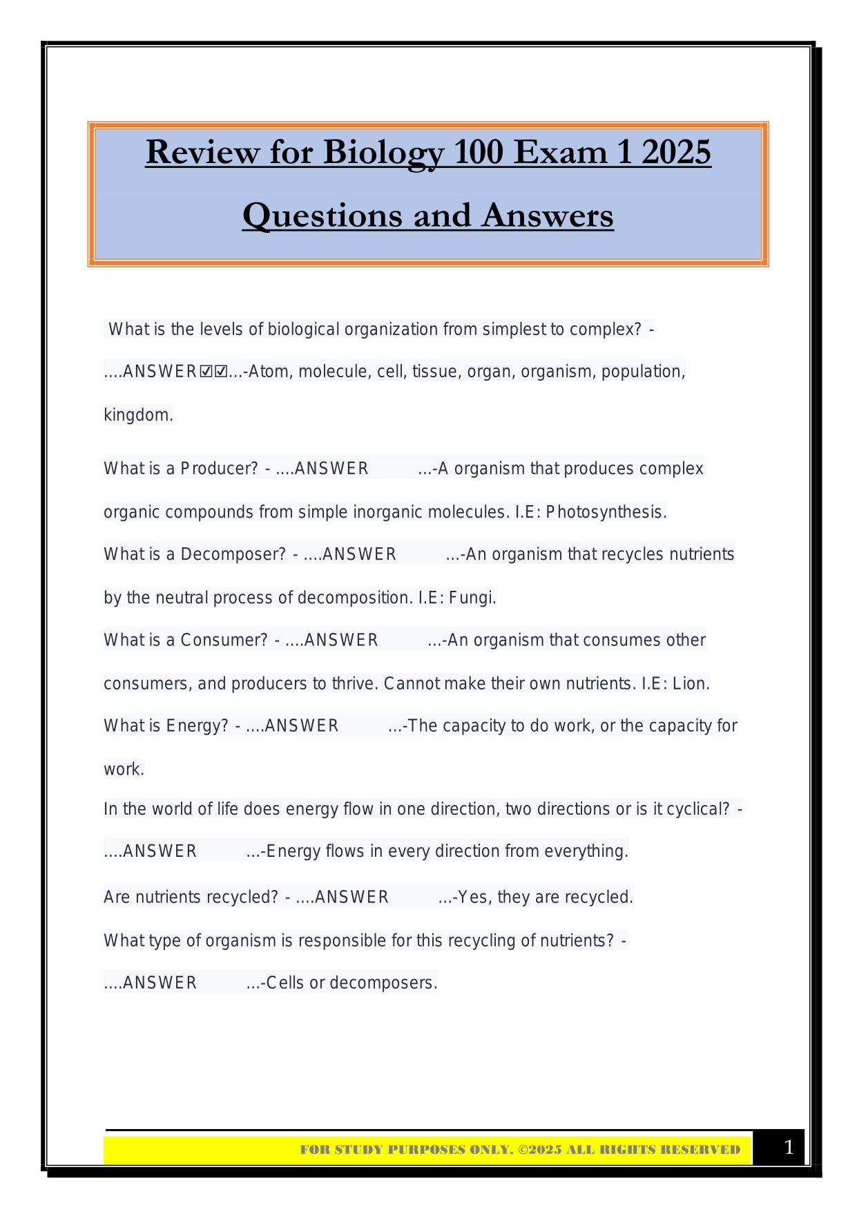 Review for Biology 100 Exam 1 2025 Questions and Answers