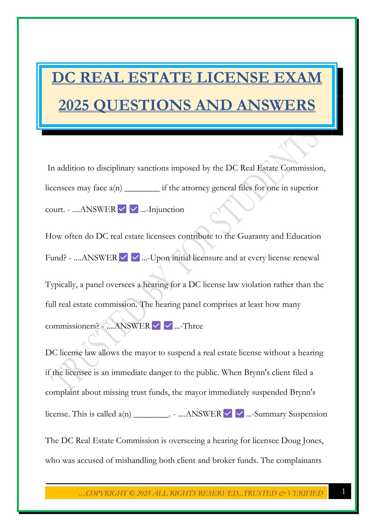 DC REAL ESTATE LICENSE EXAM 2025 QUESTIONS AND ANSWERS