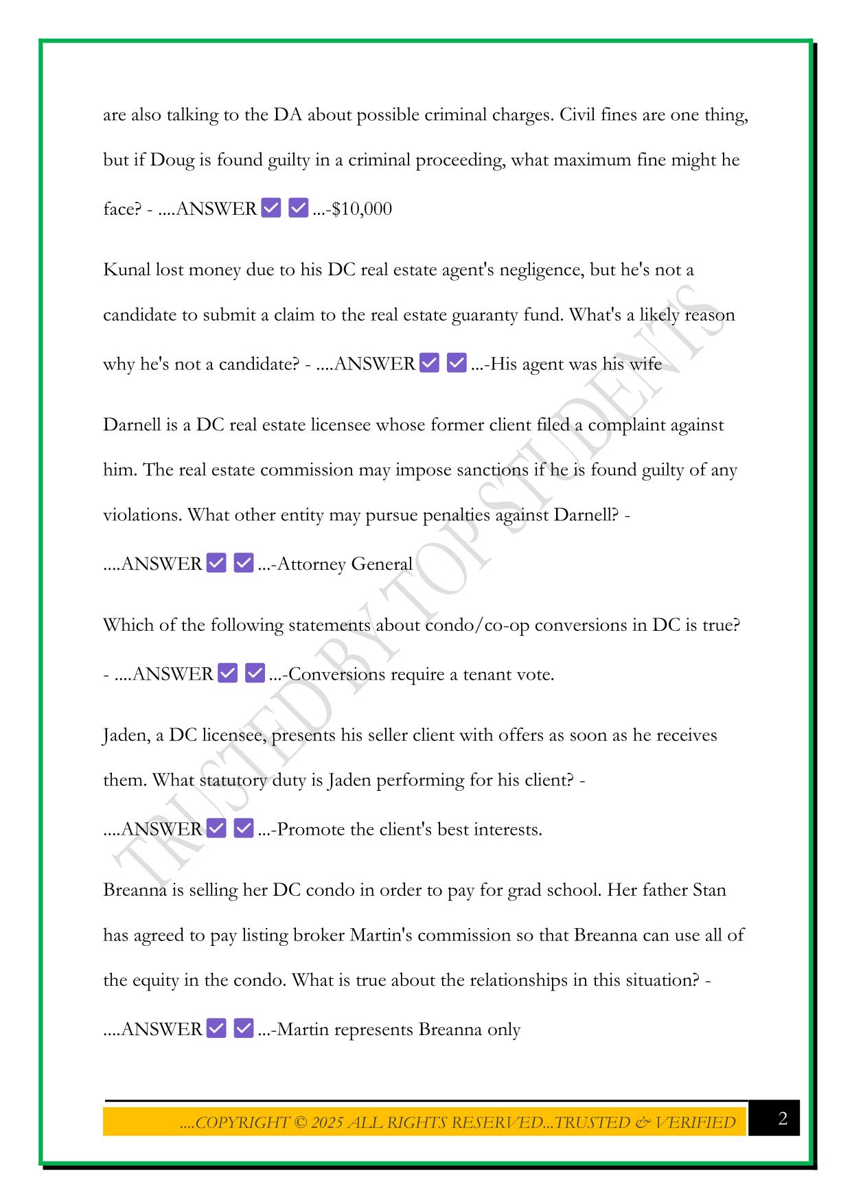 DC REAL ESTATE LICENSE EXAM 2025 QUESTIONS AND ANSWERS
