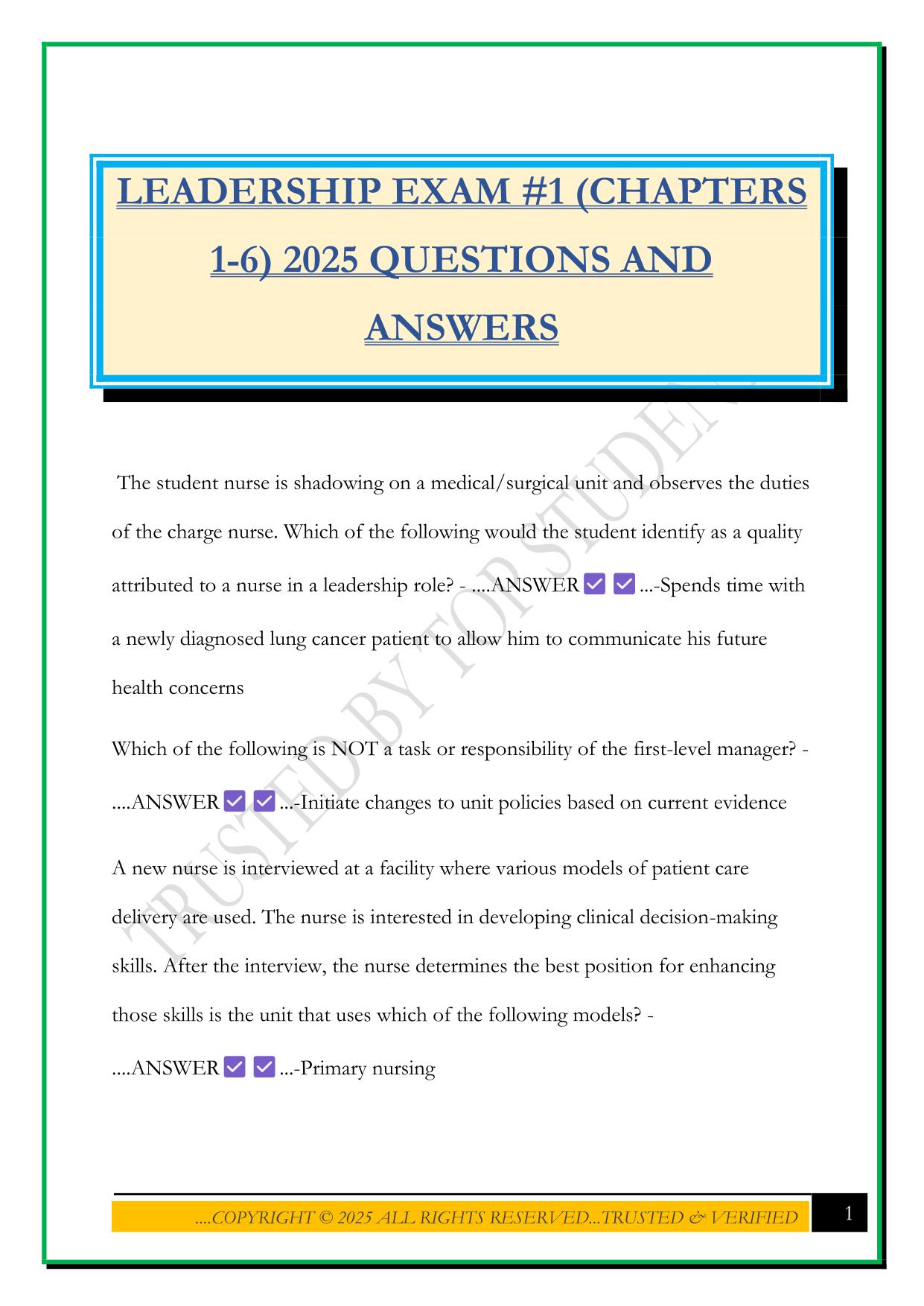 LEADERSHIP EXAM #1 (CHAPTERS 1-6) 2025 QUESTIONS AND ANSWERS