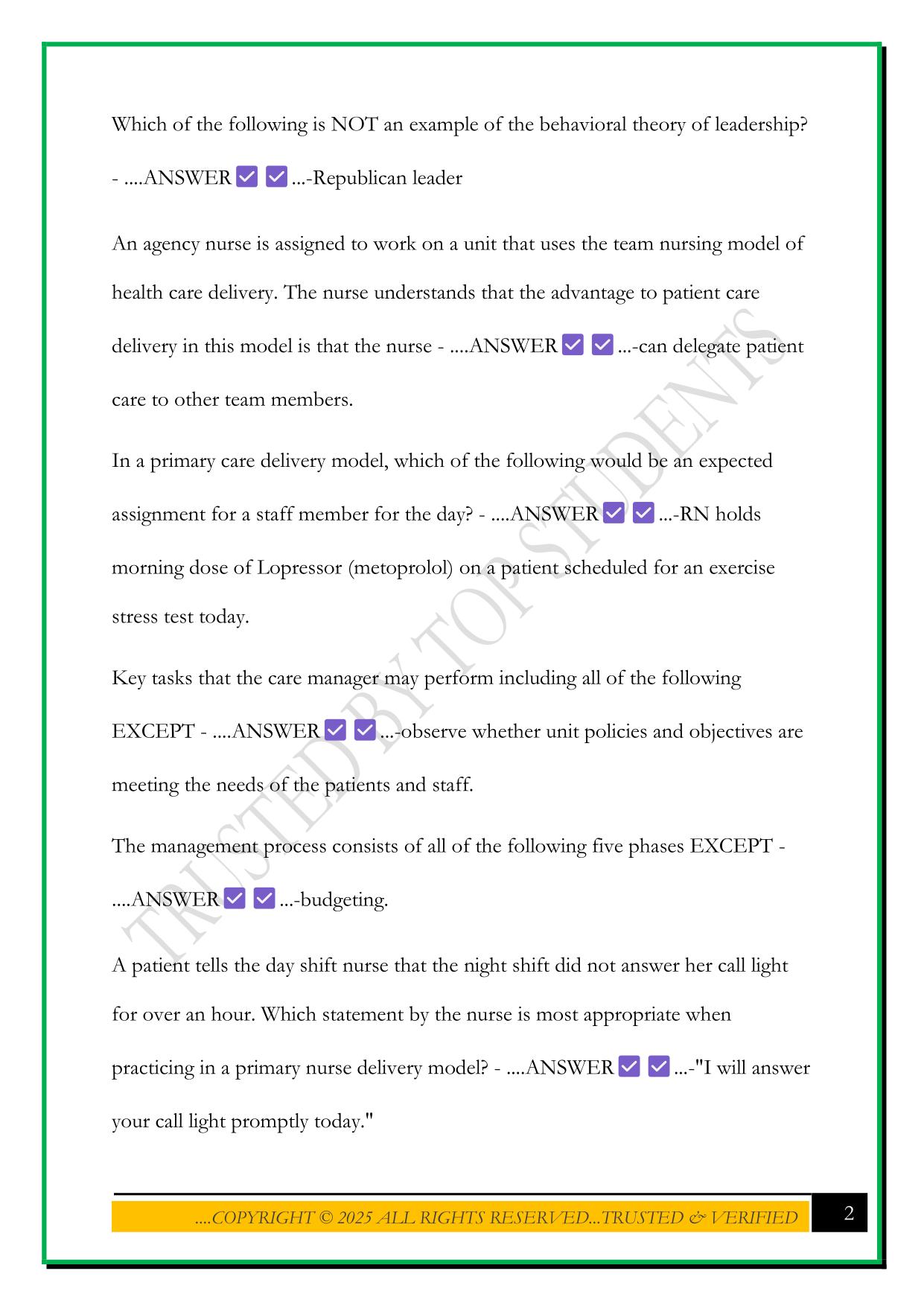 LEADERSHIP EXAM #1 (CHAPTERS 1-6) 2025 QUESTIONS AND ANSWERS