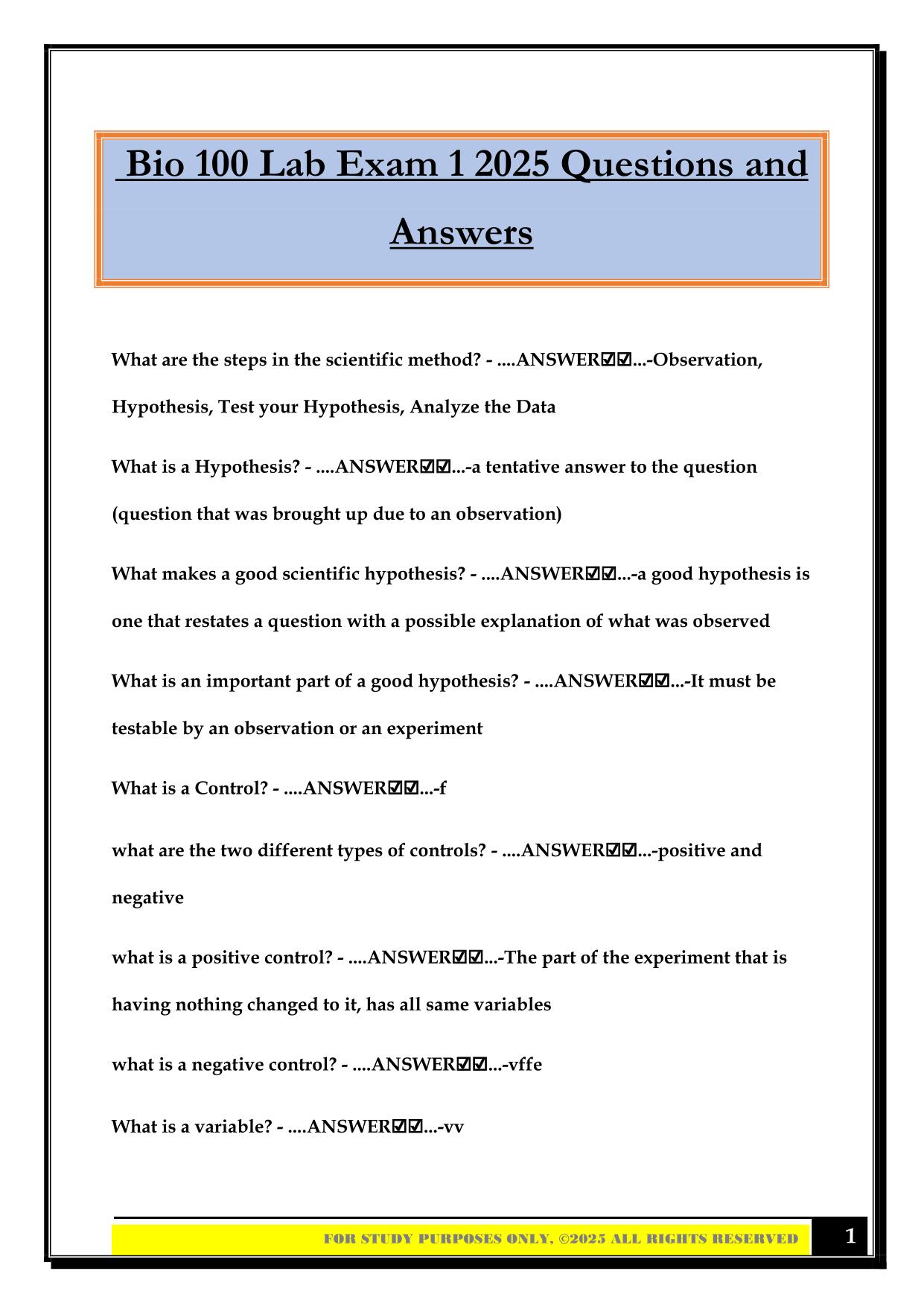 BIO 100 Bundled Exams 2025/2026 |Questions and Answers |100% Pass