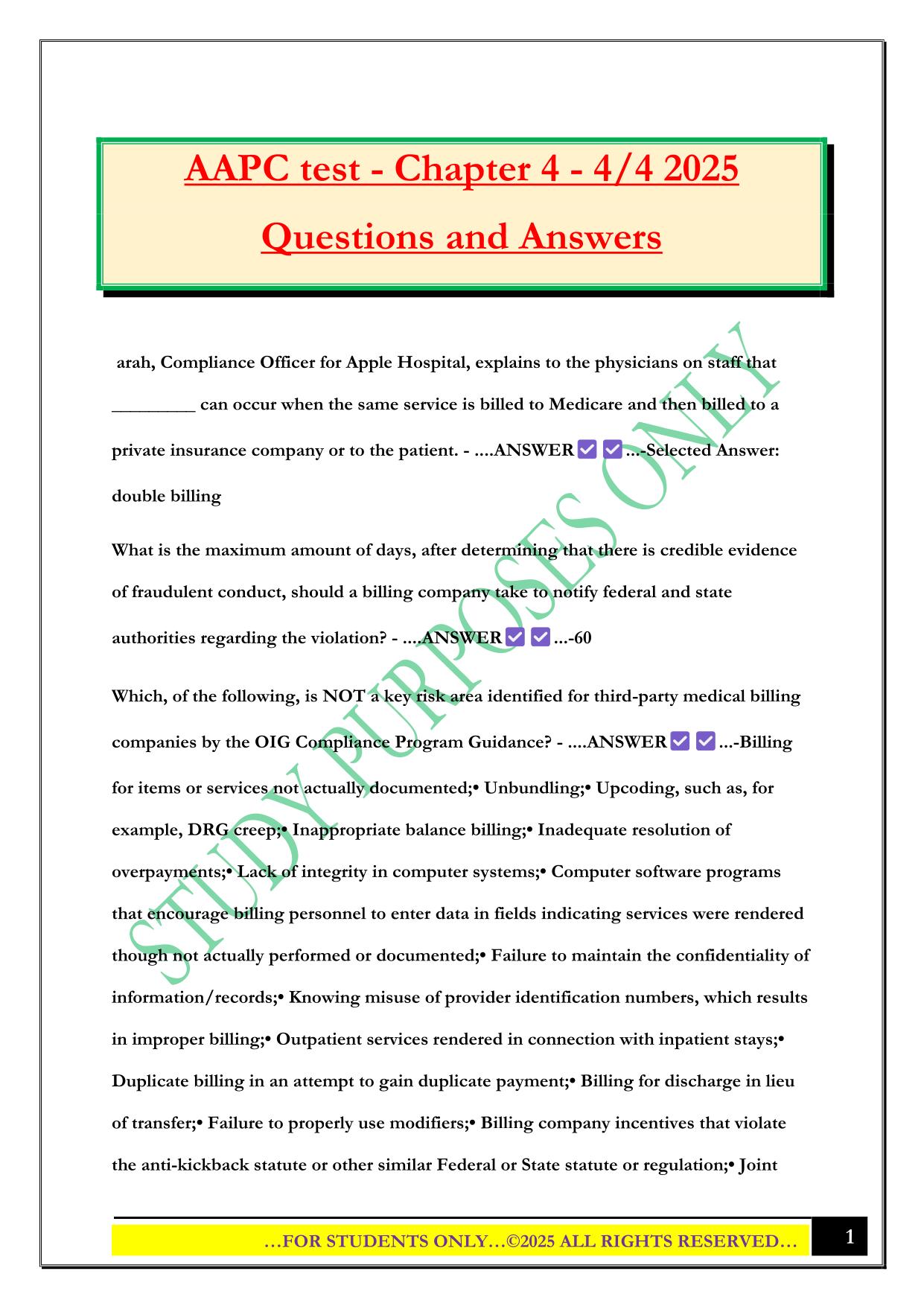 AAPC test - Chapter 4 - 4/4 2025 Questions and Answers