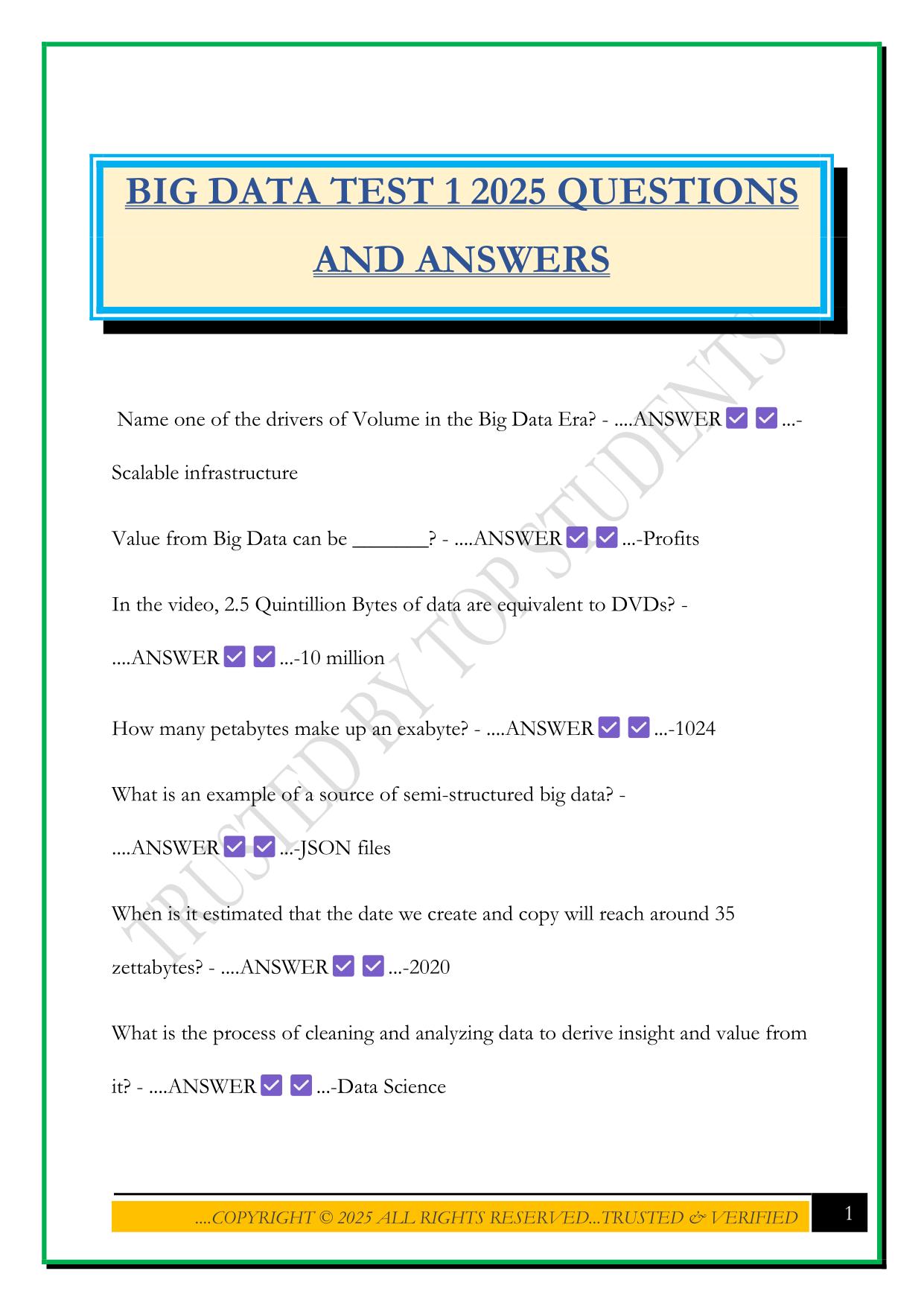 BIG DATA TEST 1 2025 QUESTIONS AND ANSWERS