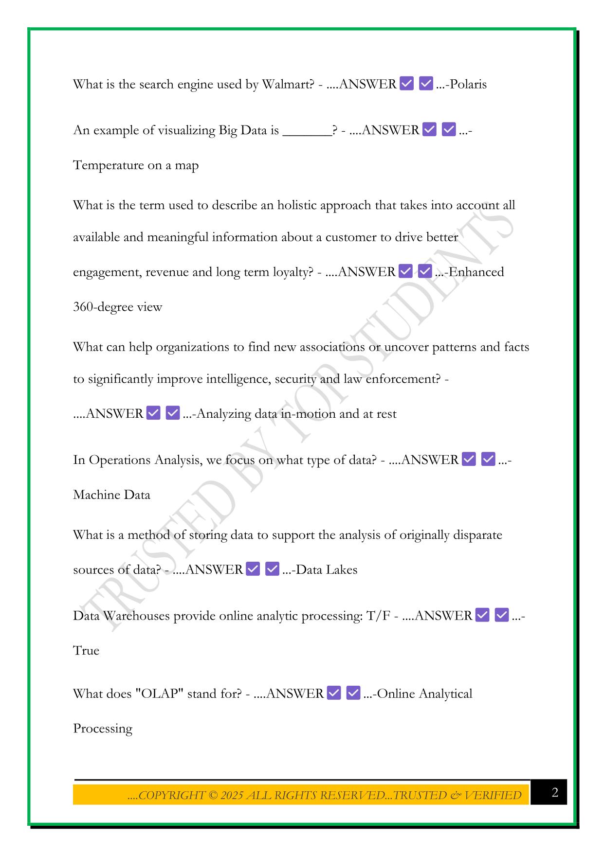 BIG DATA TEST 1 2025 QUESTIONS AND ANSWERS