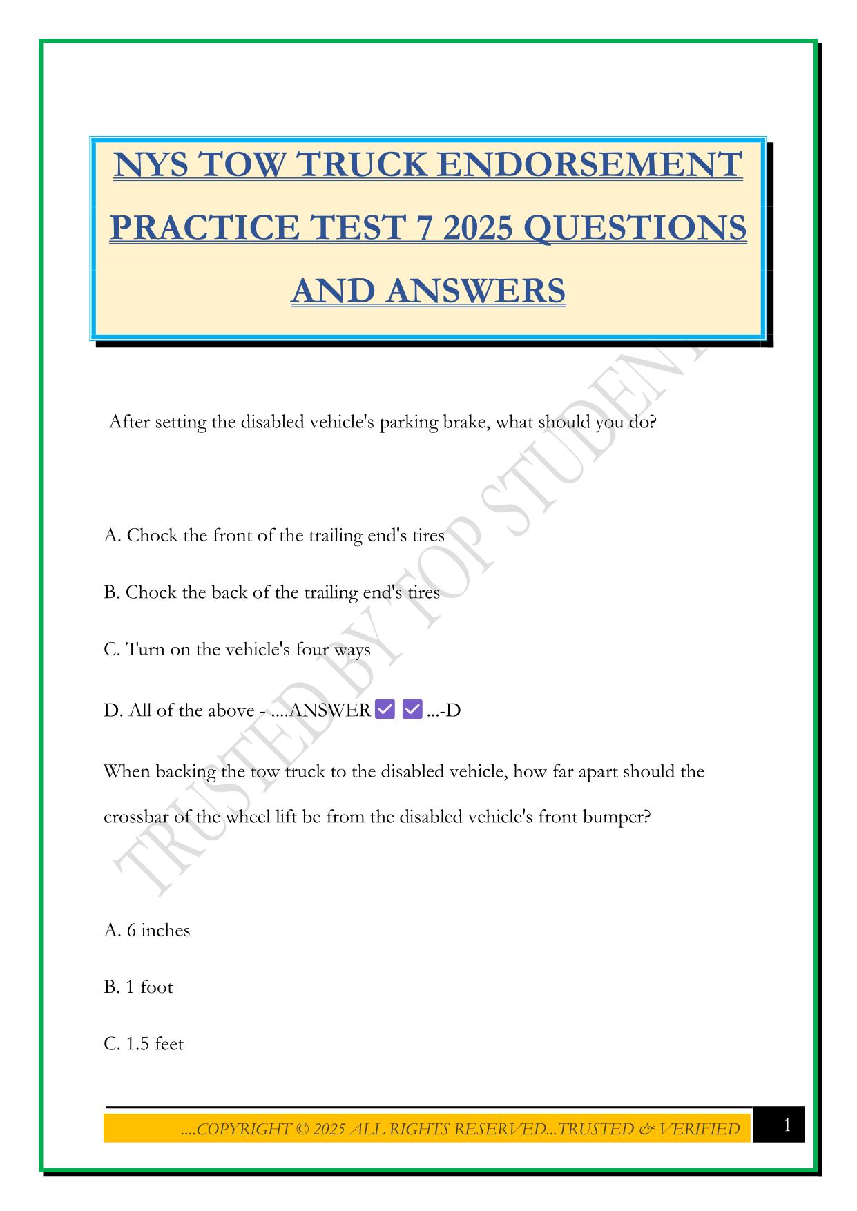 NYS TOW TRUCK ENDORSEMENT PRACTICE TEST 7 2025 QUESTIONS AND ANSWERS