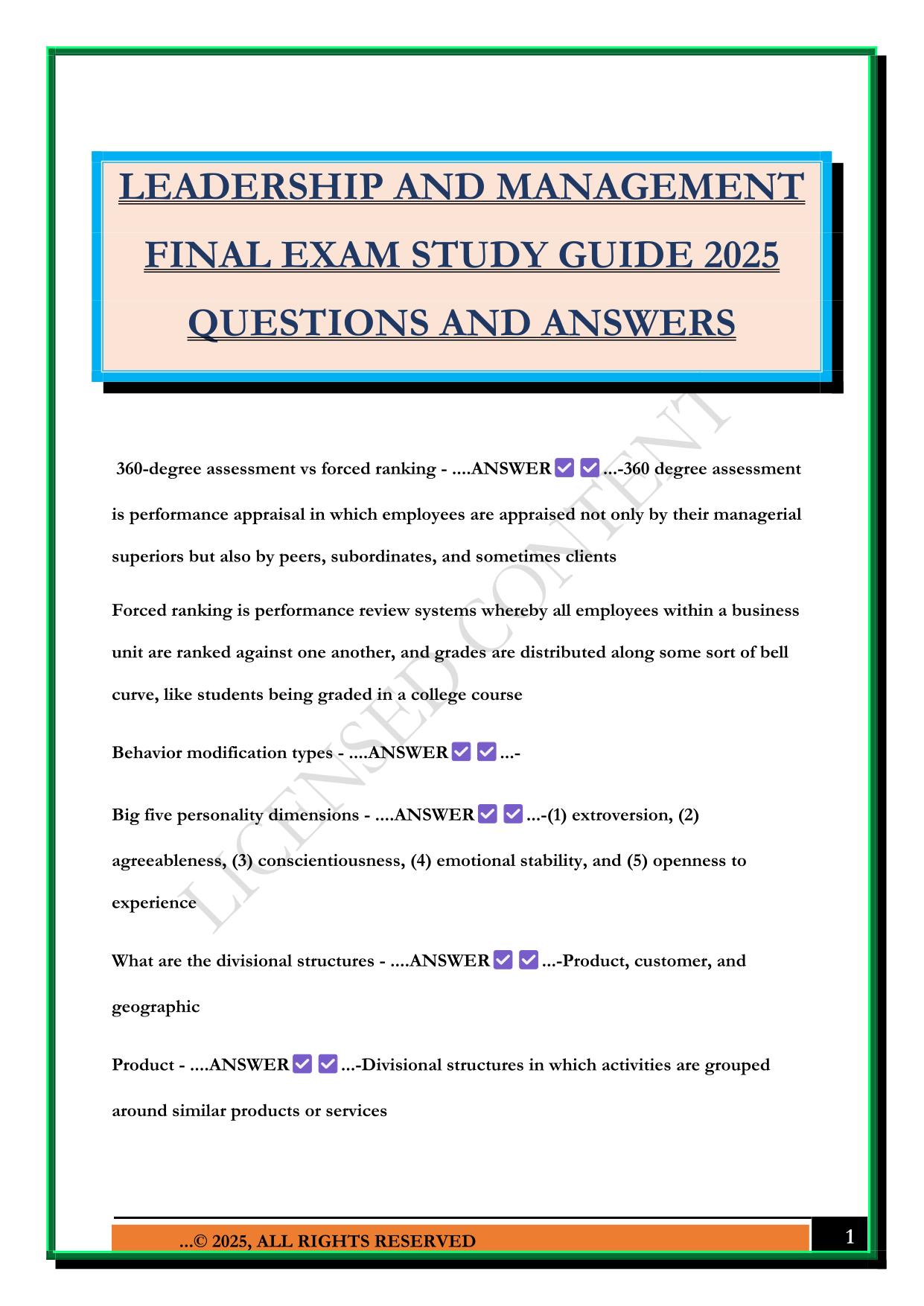 NURSING LEADERSHIP Bundled Exams Questions and Answers 100% Pass
