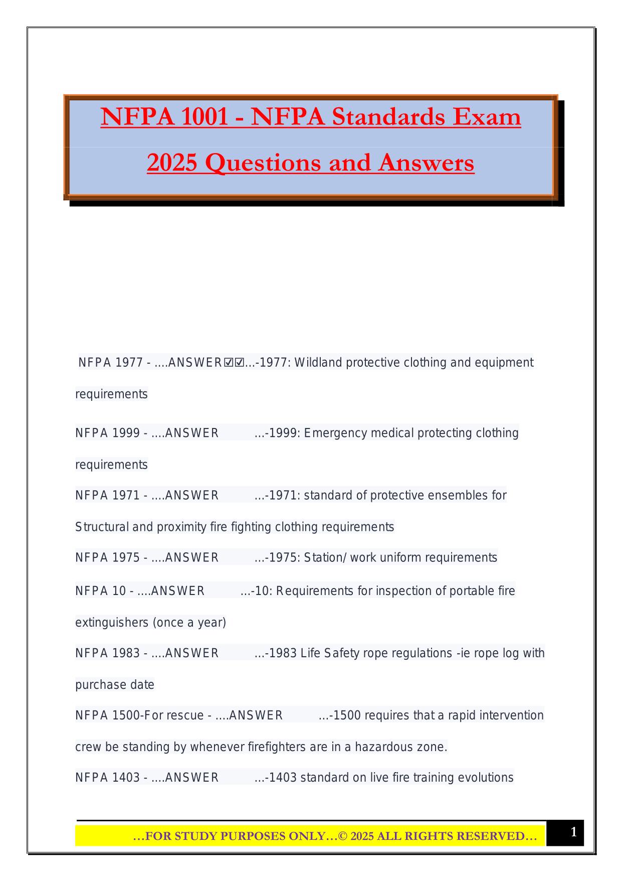 NFPA 1001 - NFPA Standards Exam 2025 Questions and Answers