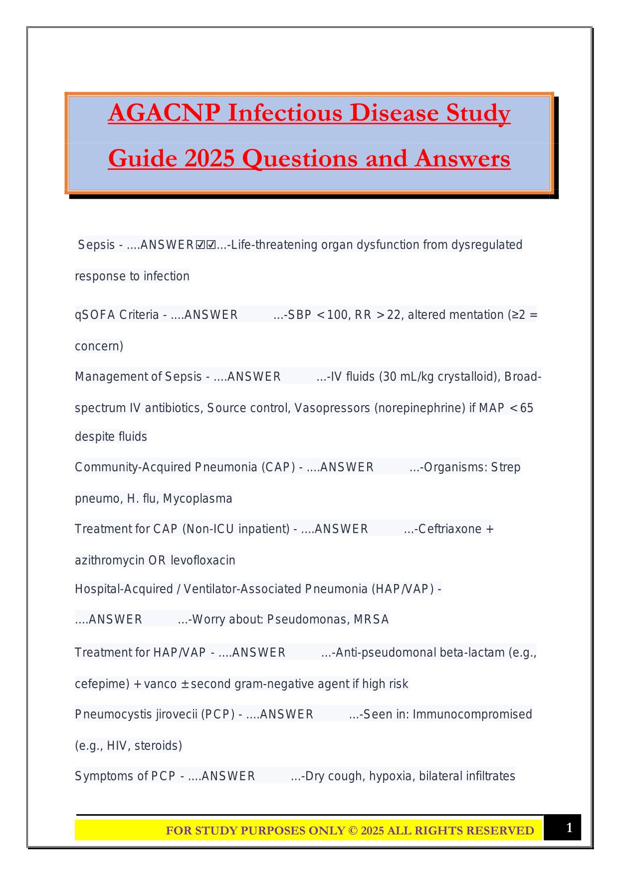 AGACNP Infectious Disease Study Guide 2025 Questions and Answers