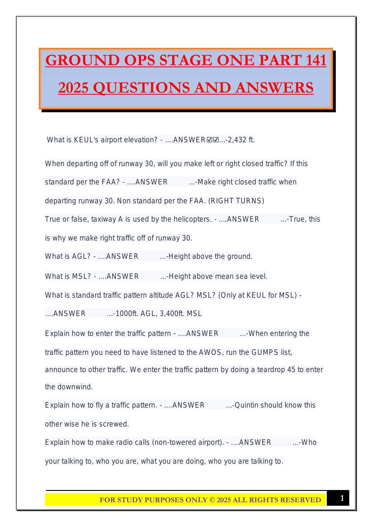 Private Pilot Ground School Bundled Exams 2025/2026 |Questions and Answers|100% Pass