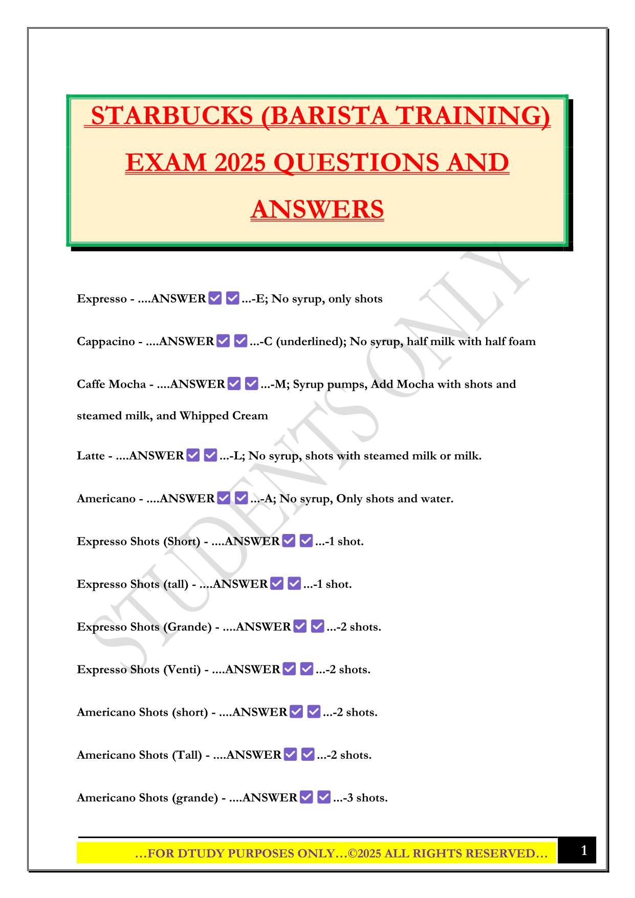 STARBUCKS BARISTA Bundled Exams 2025/2026 |Questions and Answers |100% Pass