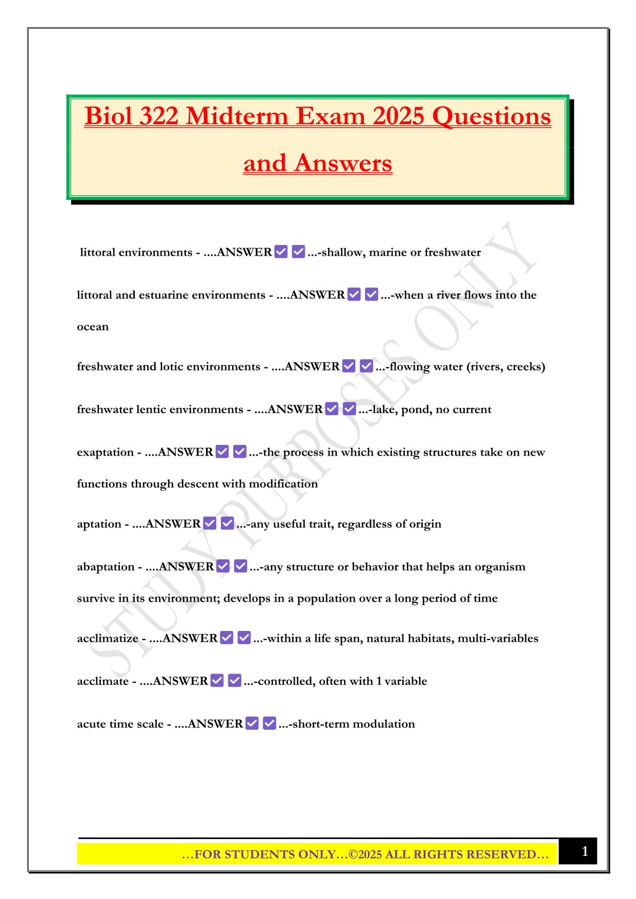 Biol 322 Midterm Exam 2025 Questions and Answers