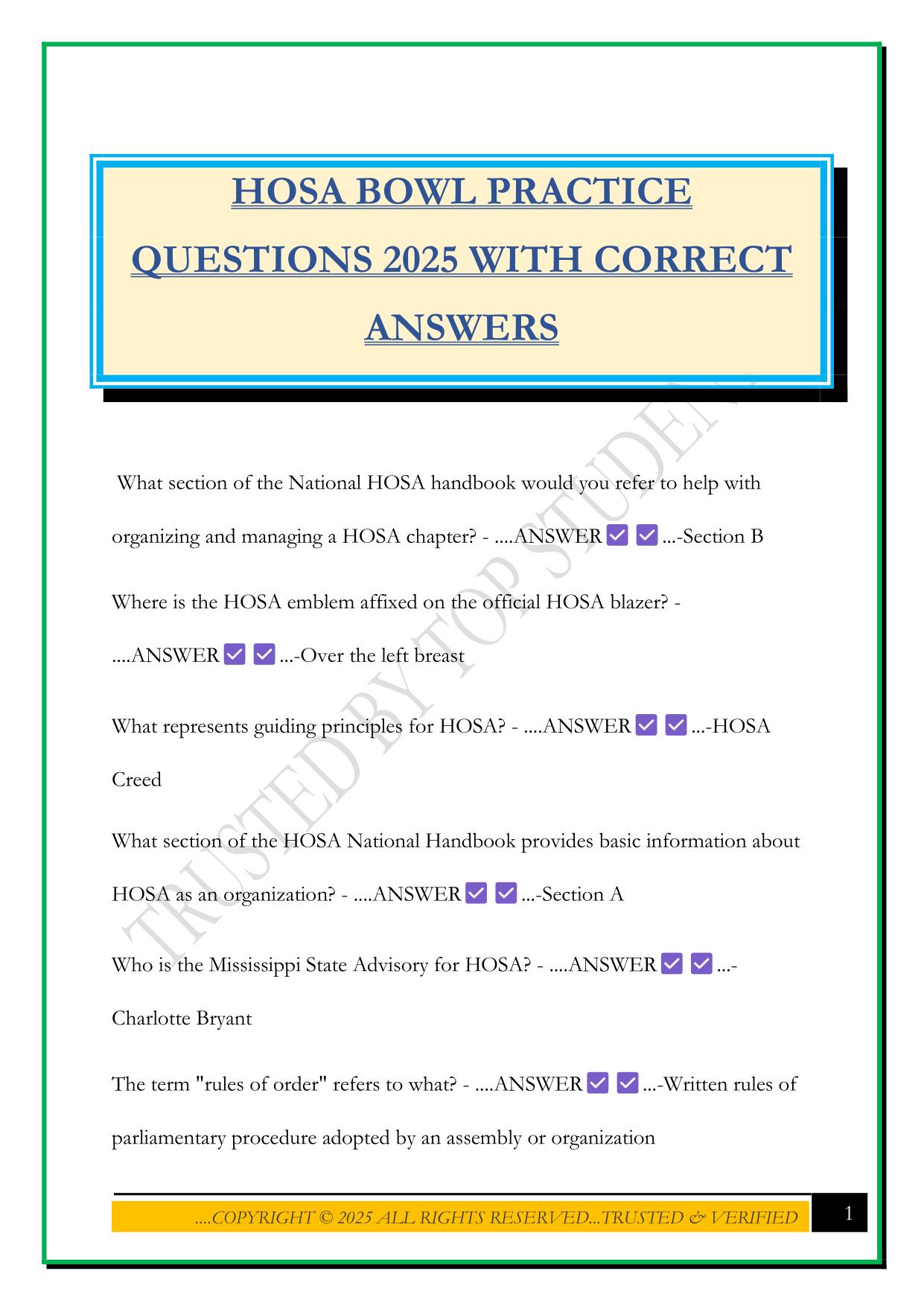HOSA BOWL PRACTICE QUESTIONS 2025 WITH CORRECT ANSWERS