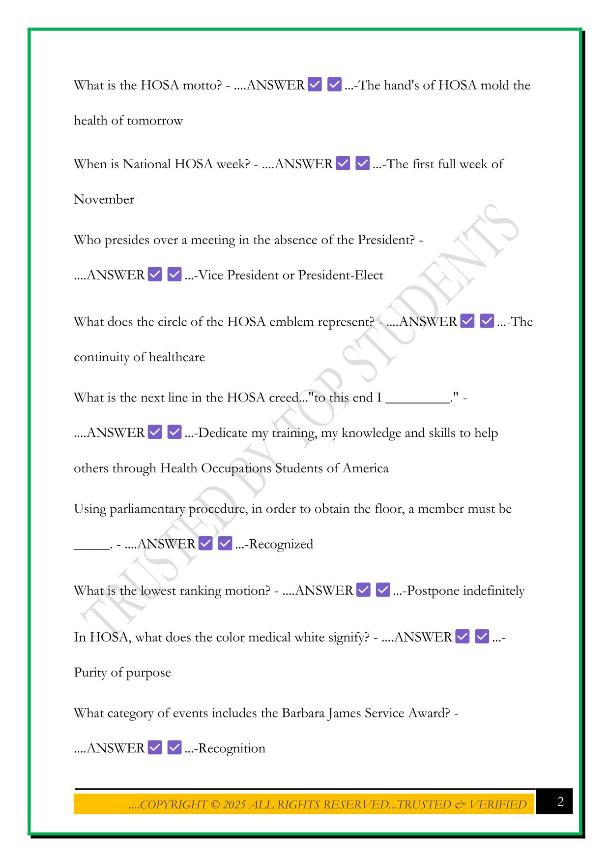 HOSA BOWL PRACTICE QUESTIONS 2025 WITH CORRECT ANSWERS