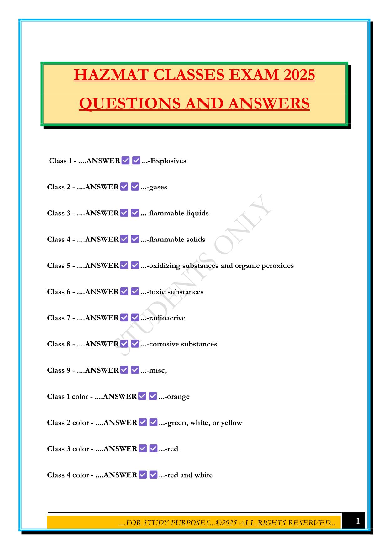 HAZMAT CLASSES EXAM 2025 QUESTIONS AND ANSWERS