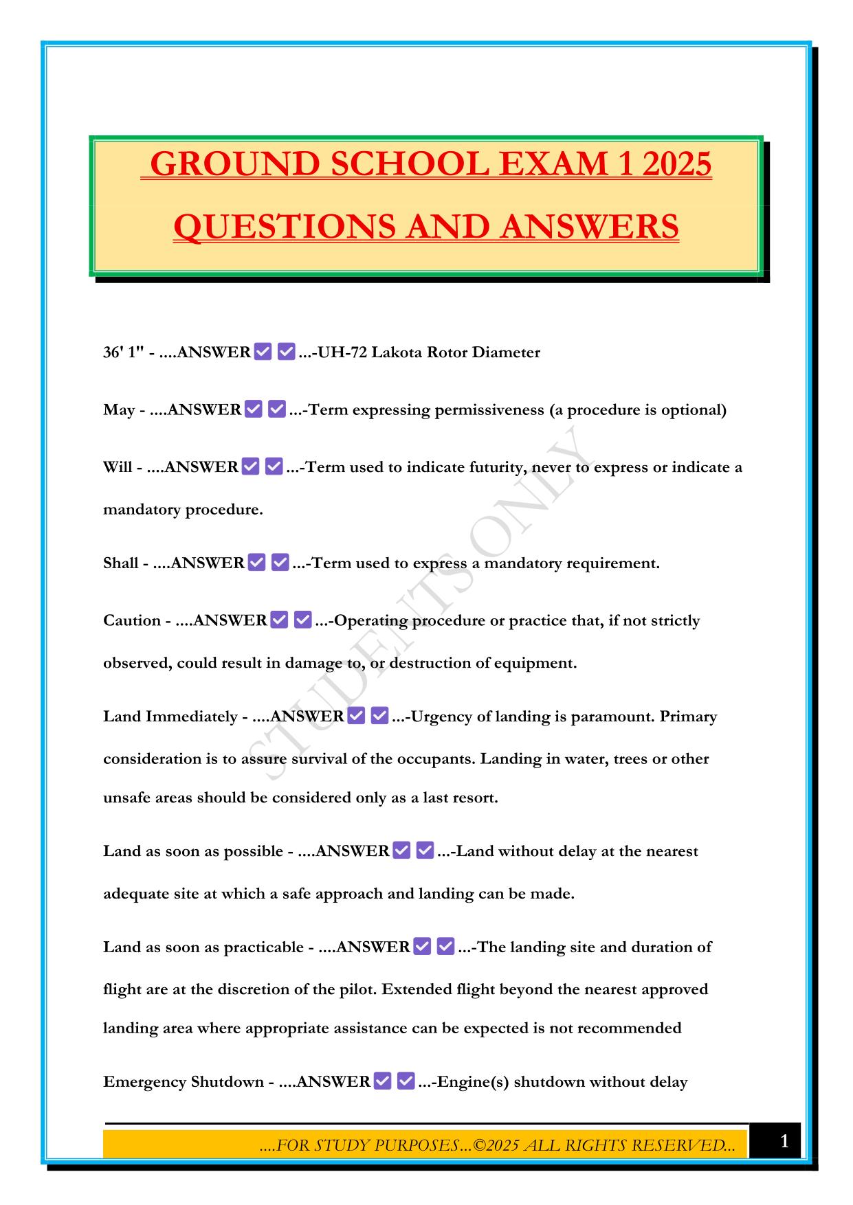 GROUND SCHOOL EXAM 1 2025 QUESTIONS AND ANSWERS