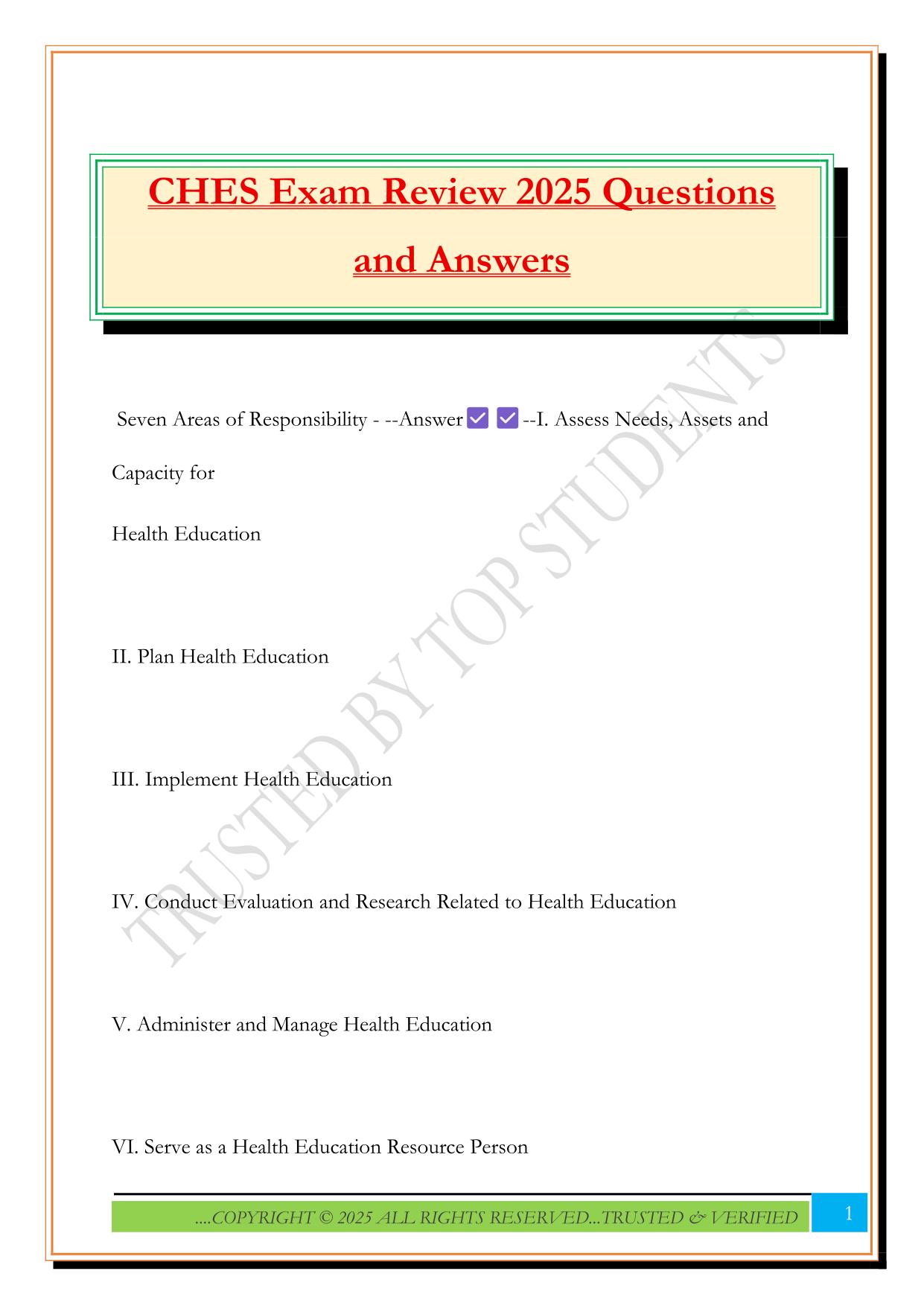 CHES Exam Review 2025 Questions and Answers