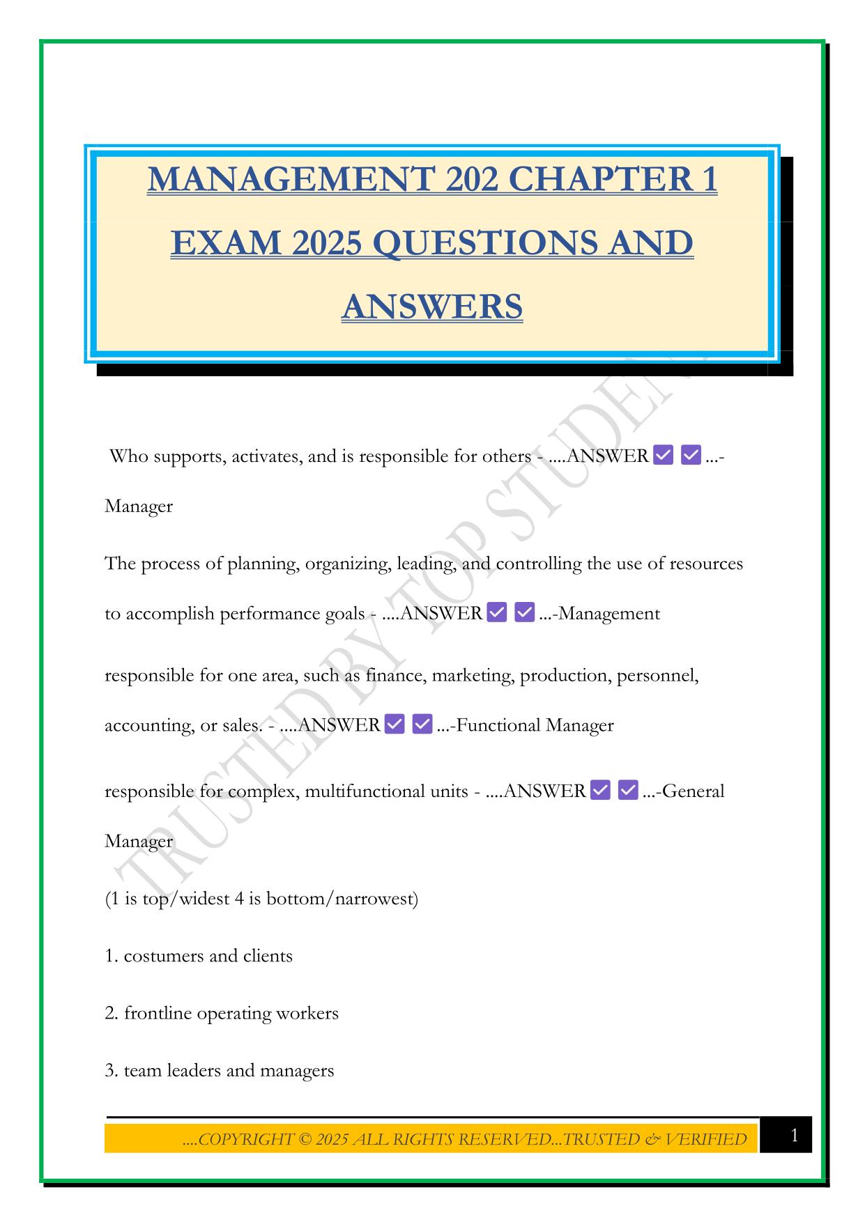 MANAGEMENT 202 CHAPTER 1 EXAM 2025 QUESTIONS AND ANSWERS