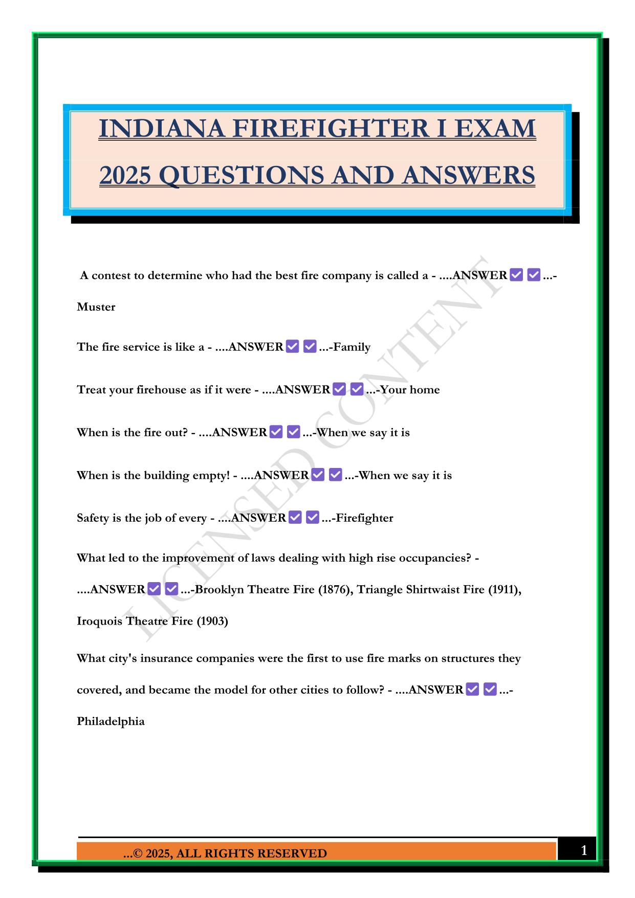 INDIANA FIREFIGHTER I EXAM 2025 QUESTIONS AND ANSWERS