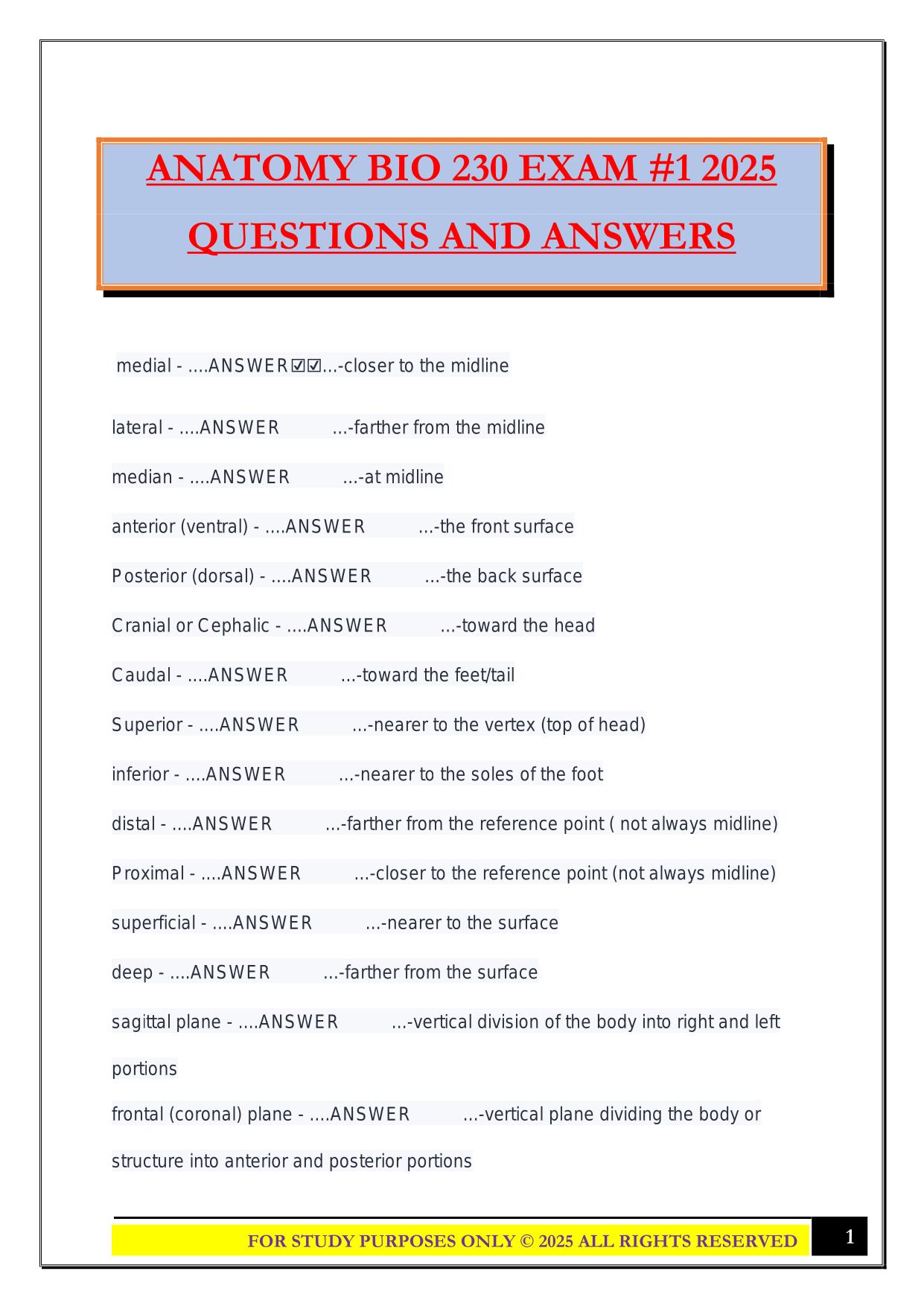 ANATOMY BIO 230 EXAM #1 2025 QUESTIONS AND ANSWERS
