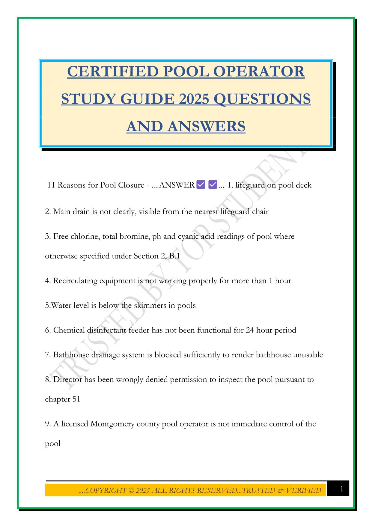 CERTIFIED POOL OPERATOR STUDY GUIDE 2025 QUESTIONS AND ANSWERS