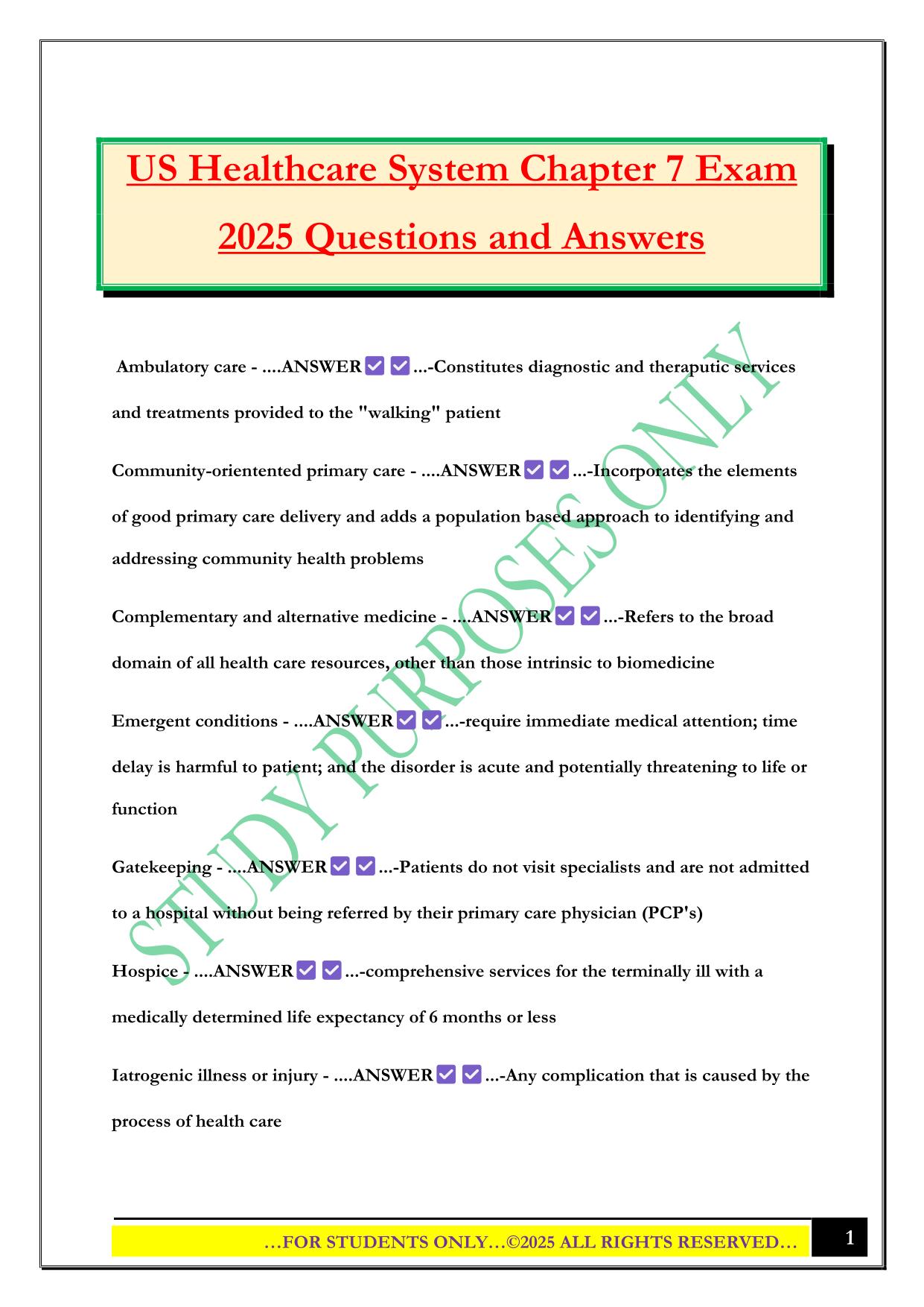US Healthcare System Chapter 7 Exam 2025 Questions and Answers
