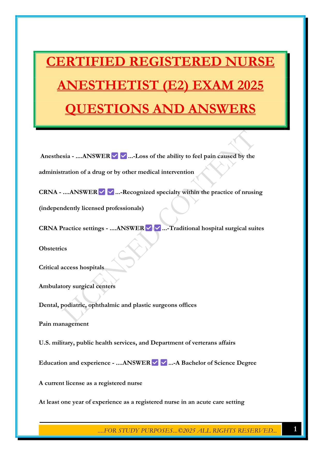 CERTIFIED REGISTERED NURSE ANESTHETIST (E2) EXAM 2025 QUESTIONS AND ANSWERS
