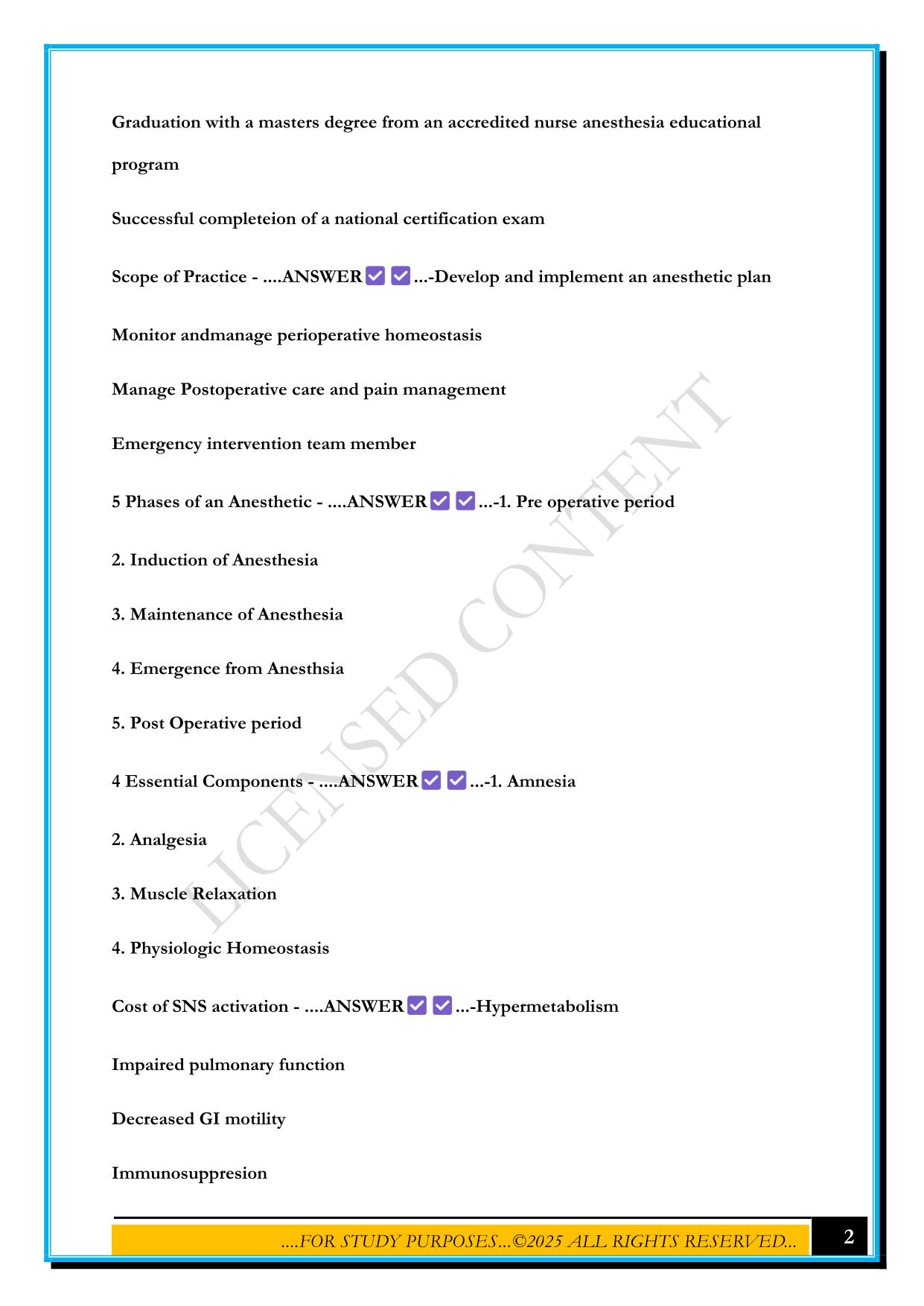 CERTIFIED REGISTERED NURSE ANESTHETIST (E2) EXAM 2025 QUESTIONS AND ANSWERS