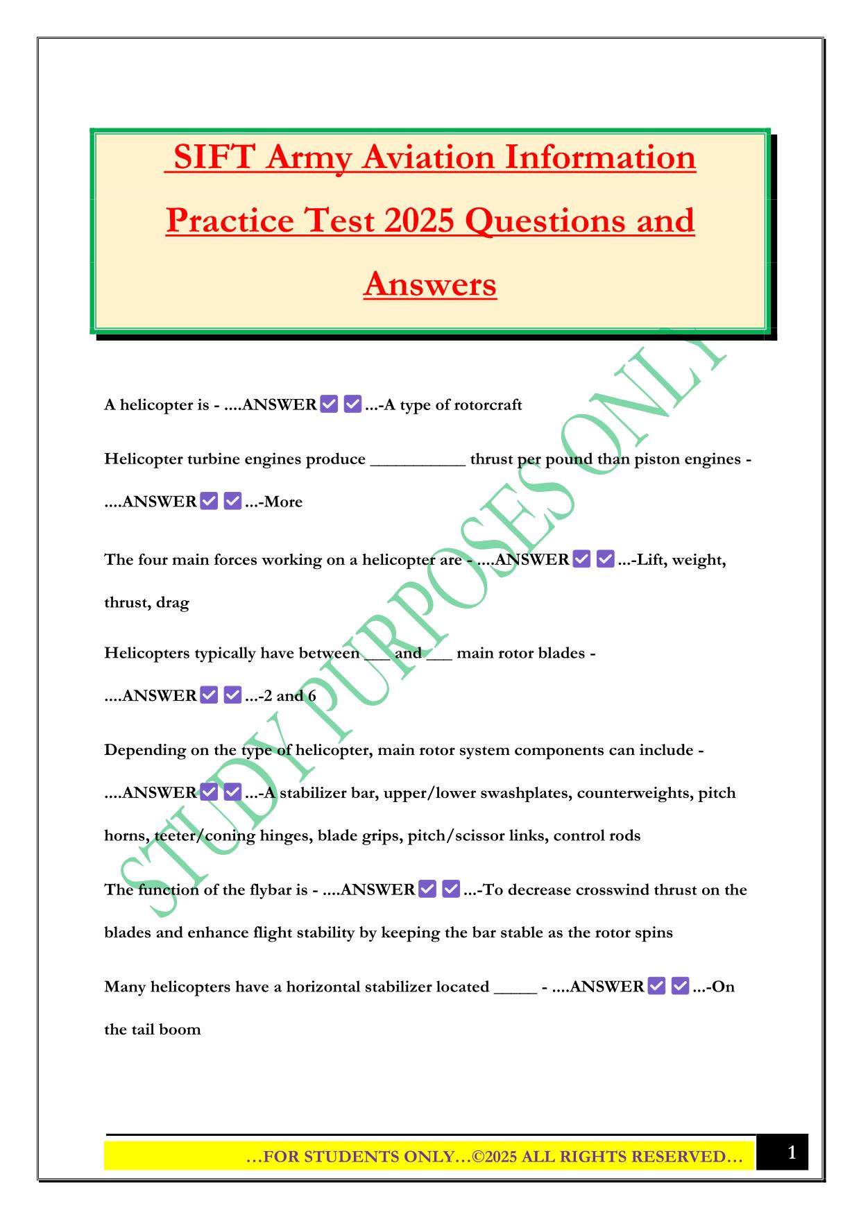 SIFT Army Aviation Information Practice Test 2025 Questions and Answers