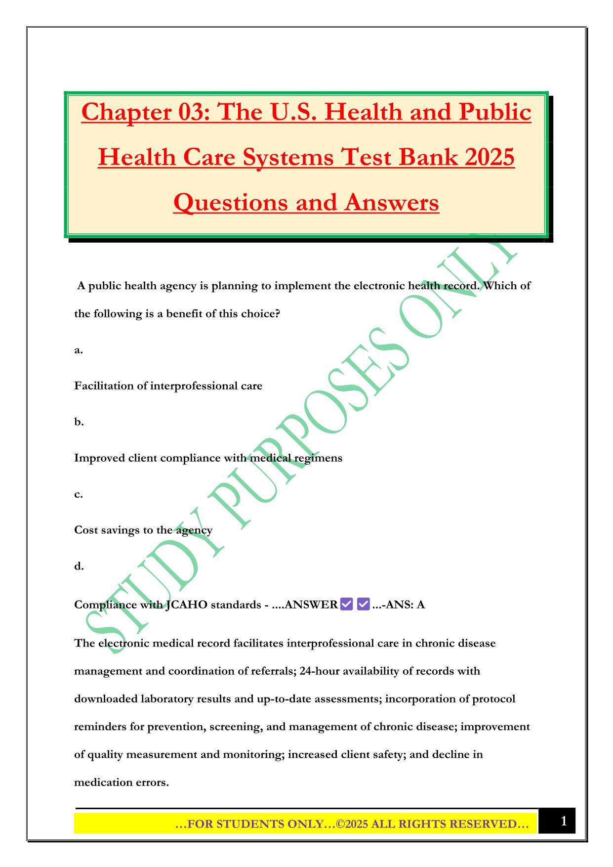 Chapter 03: The U.S. Health and Public Health Care Systems Test Bank 2025 Questions and Answers