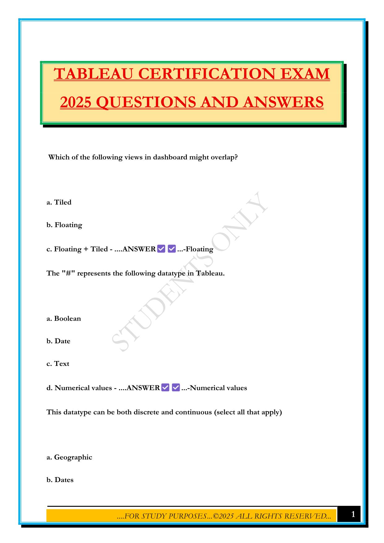 TABLEAU CERTIFICATION EXAM 2025 QUESTIONS AND ANSWERS