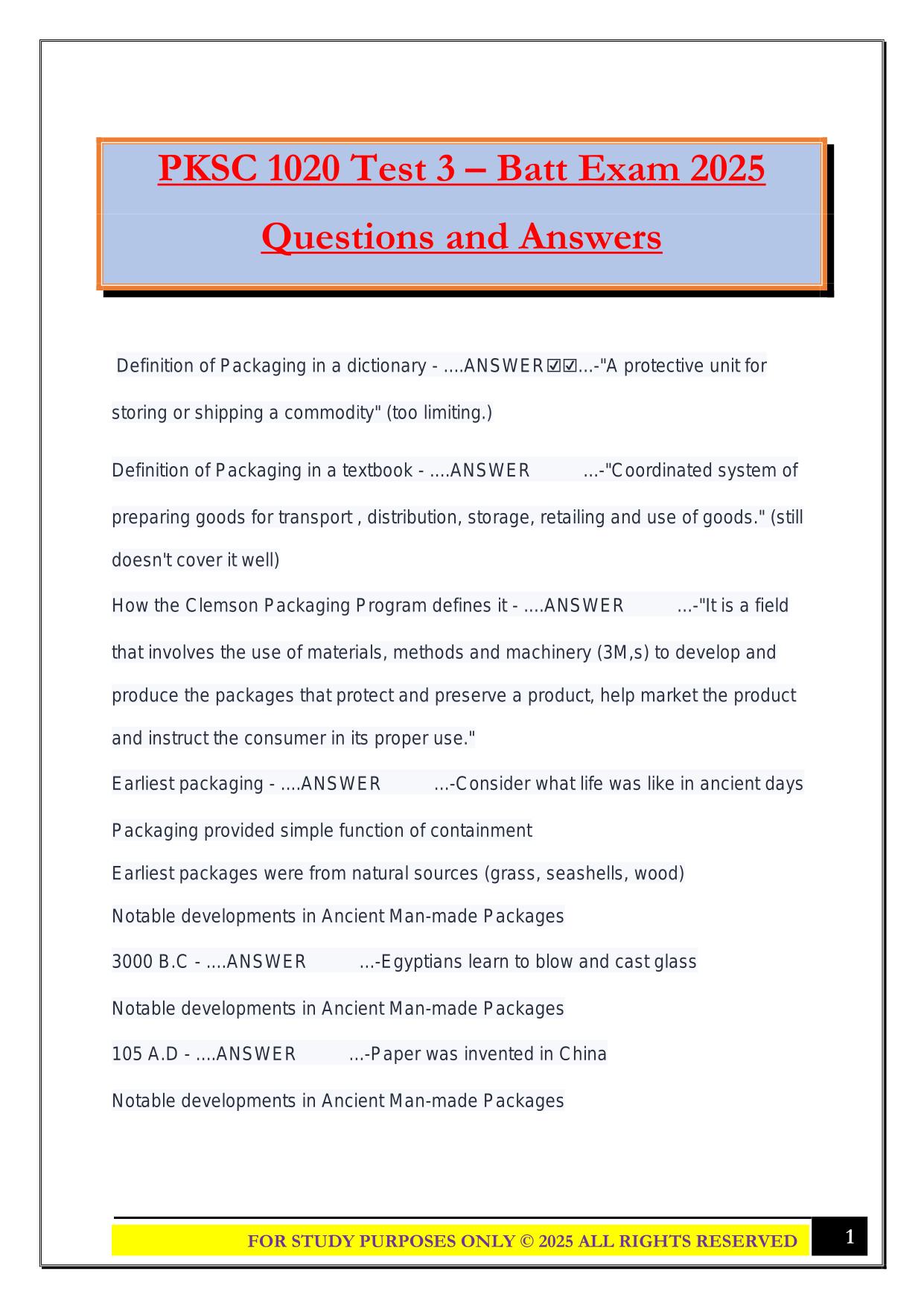 PKSC 1020 Test 3 – Batt Exam 2025 Questions and Answers
