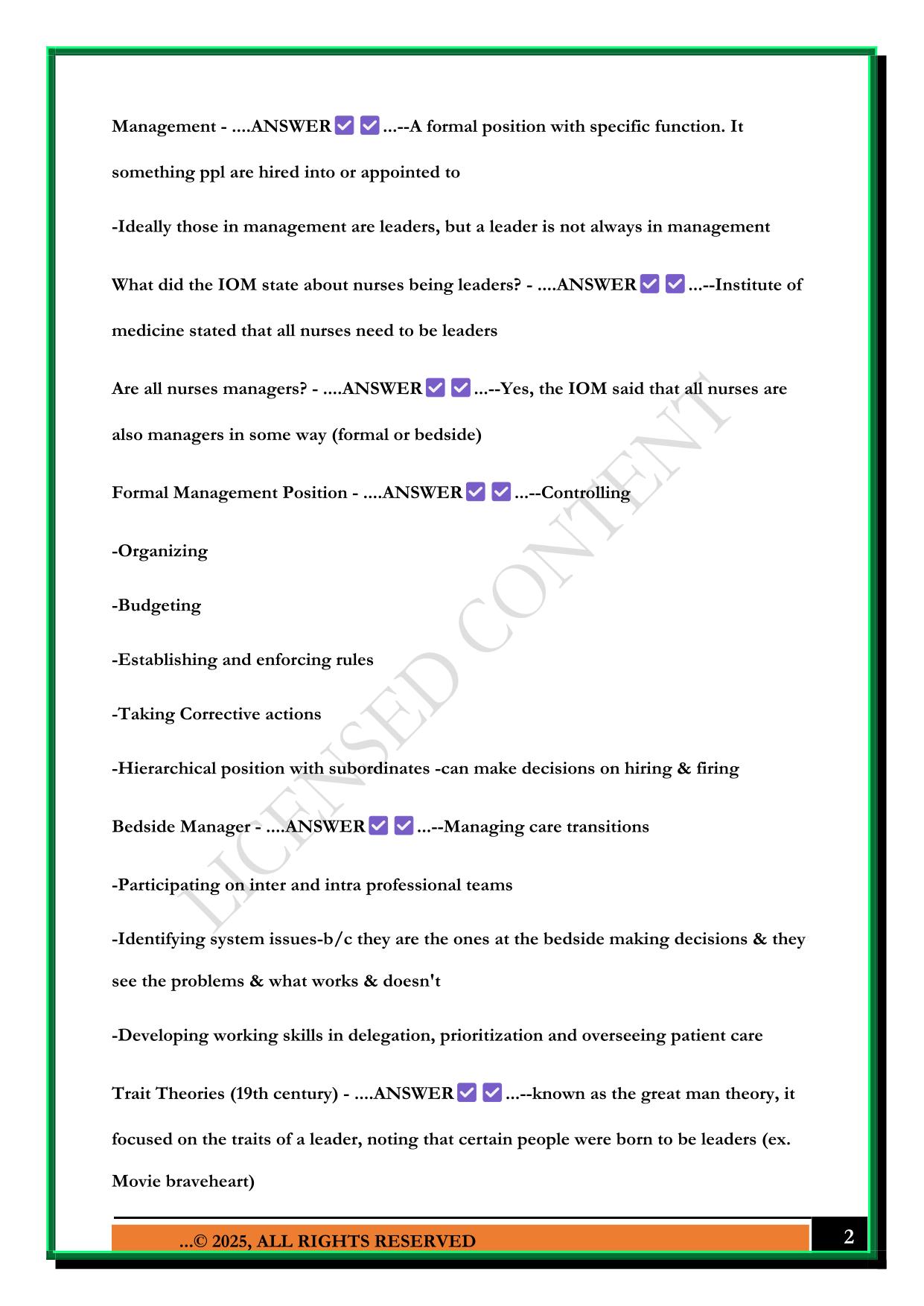 CHAPTER 3 THEORIES AND PRINCIPLES OF NURSING LEADERSHIP AND MANAGEMENT EXAM 2025 QUESTIONS AND ANSWERS