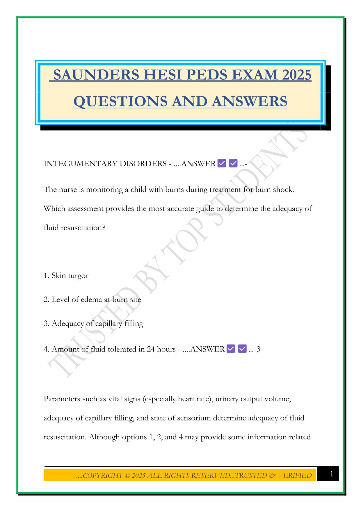 SAUNDERS HESI PEDS EXAM 2025 QUESTIONS AND ANSWERS