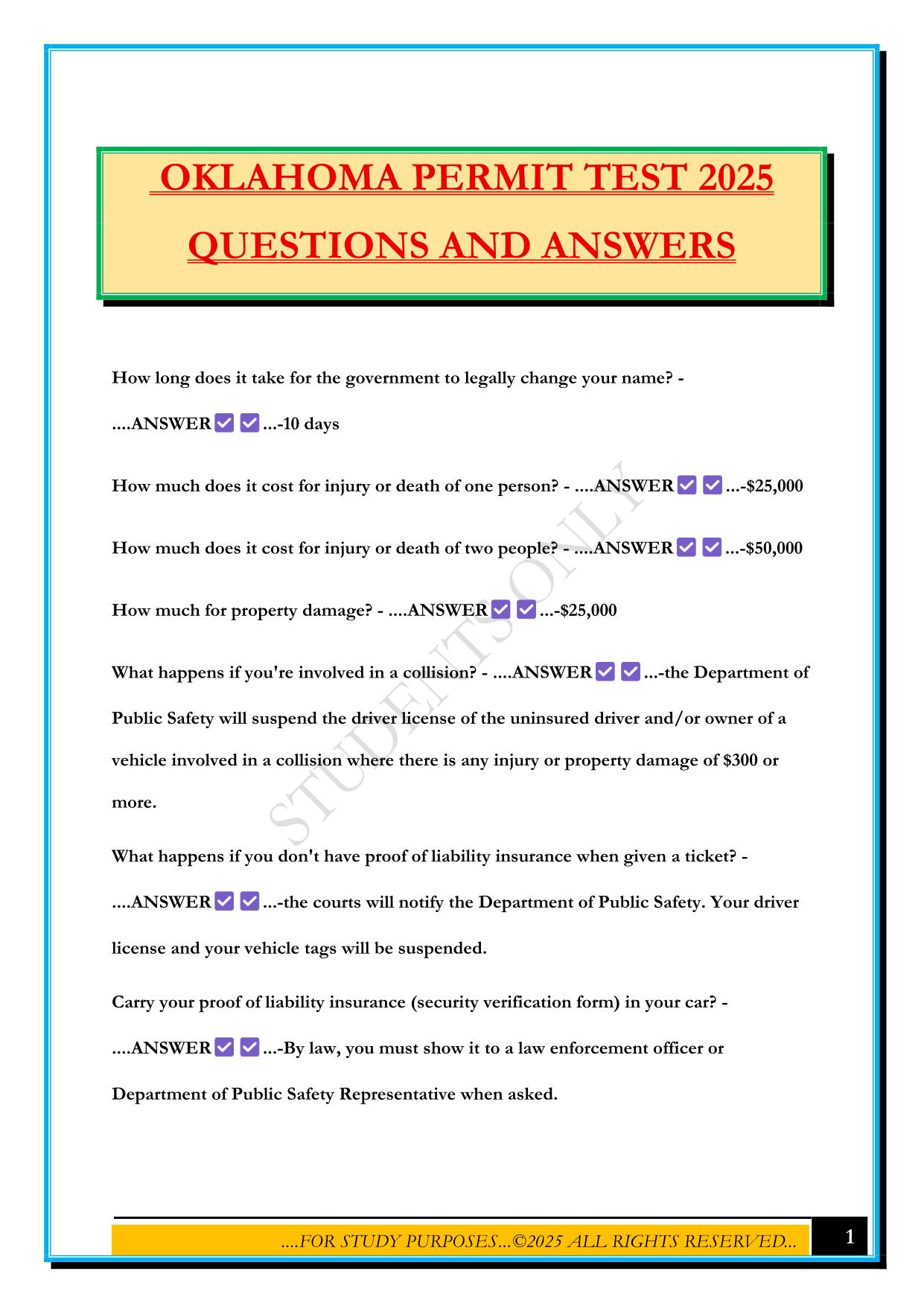 OKLAHOMA PERMIT TEST 2025 QUESTIONS AND ANSWERS