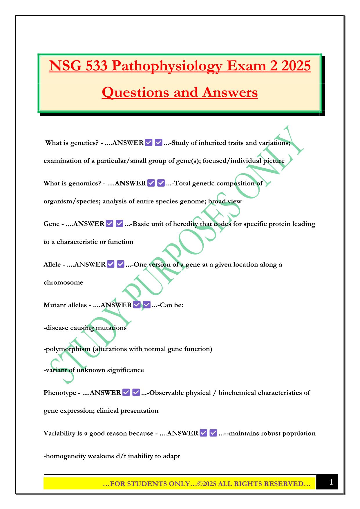 NSG 533 Pathophysiology Exam 2 2025 Questions and Answers