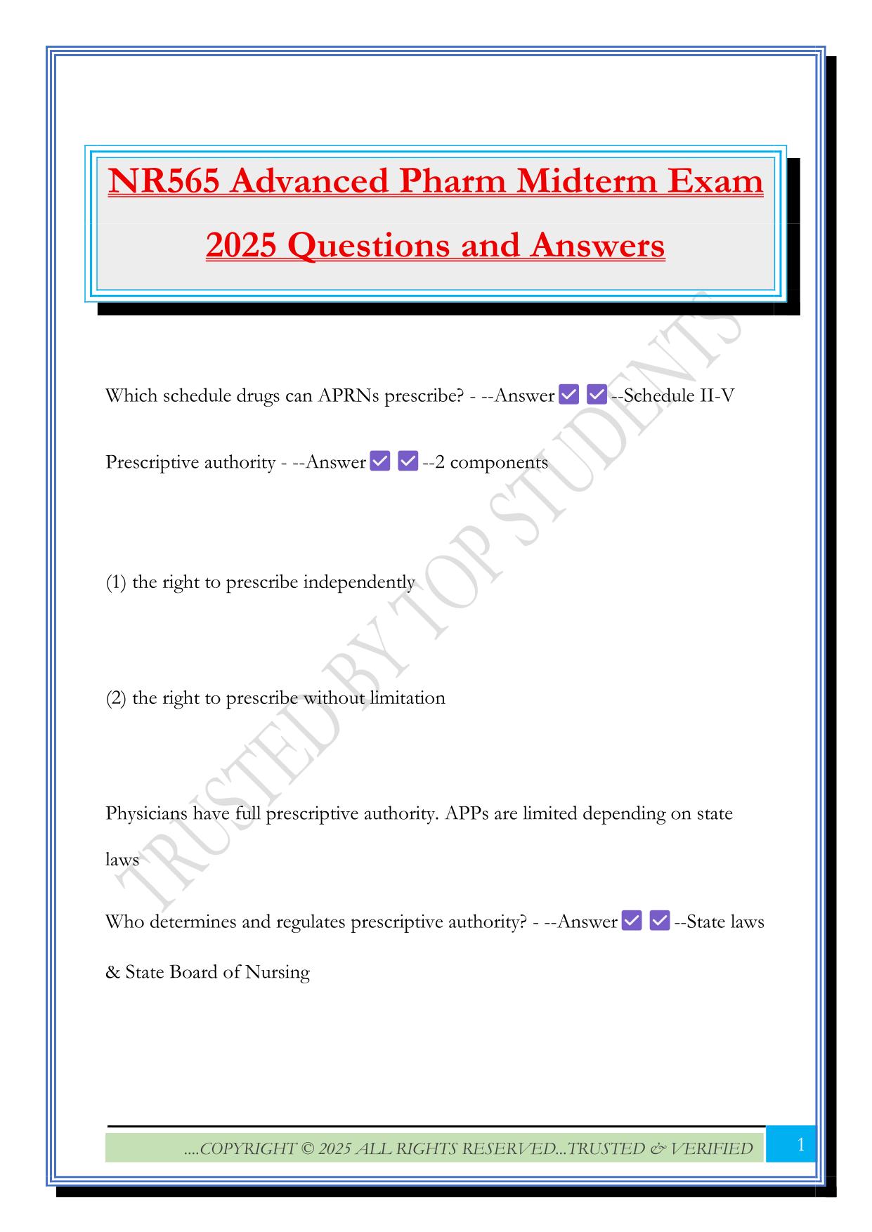 NR565 Advanced Pharm Midterm Exam 2025 Questions and Answers