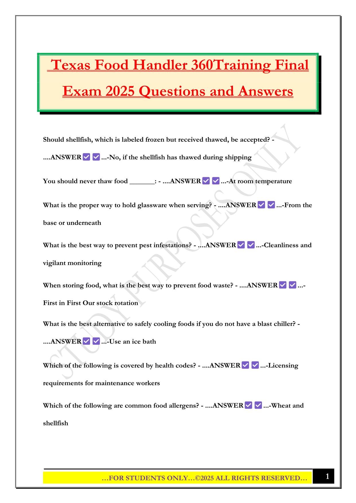 Texas Food Handler 360Training Final Exam 2025 Questions and Answers