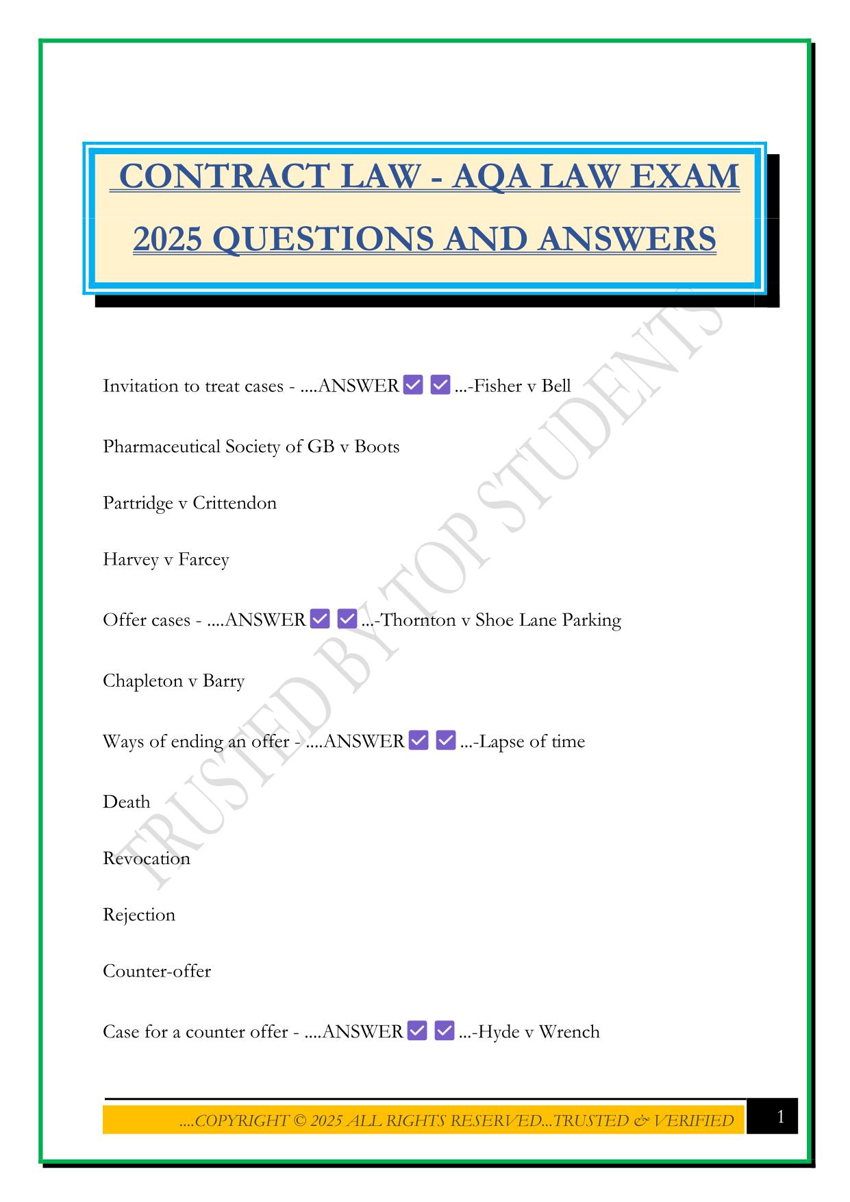 CONTRACT LAW - AQA LAW EXAM 2025 QUESTIONS AND ANSWERS