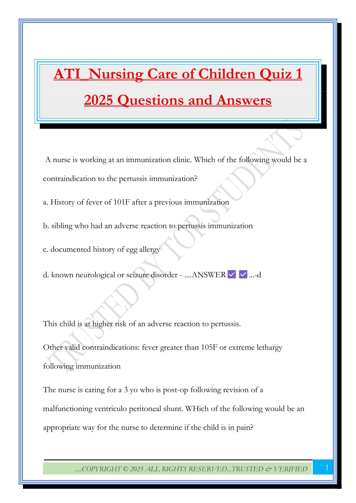 ATI_Nursing Care of Children Quiz 1 2025 Questions and Answers