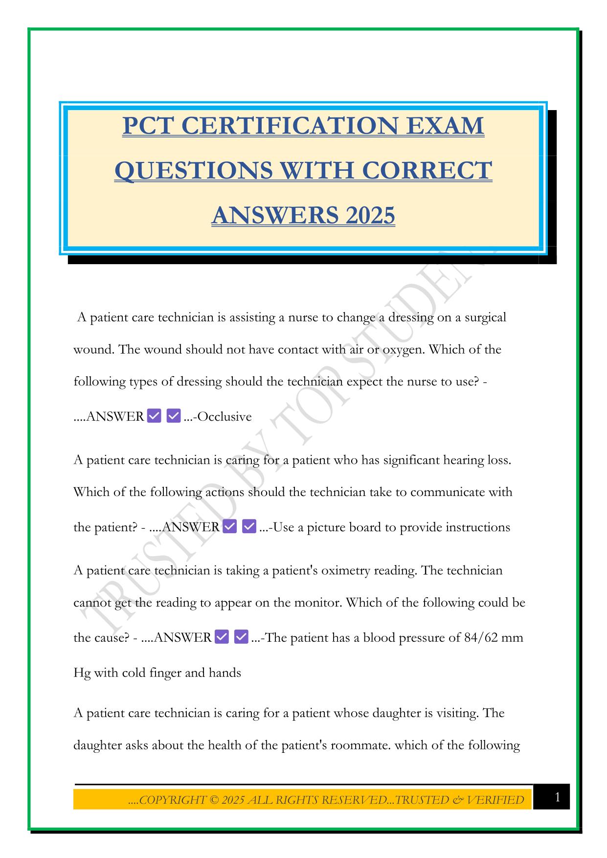 PCT CERTIFICATION EXAM QUESTIONS WITH CORRECT ANSWERS 2025