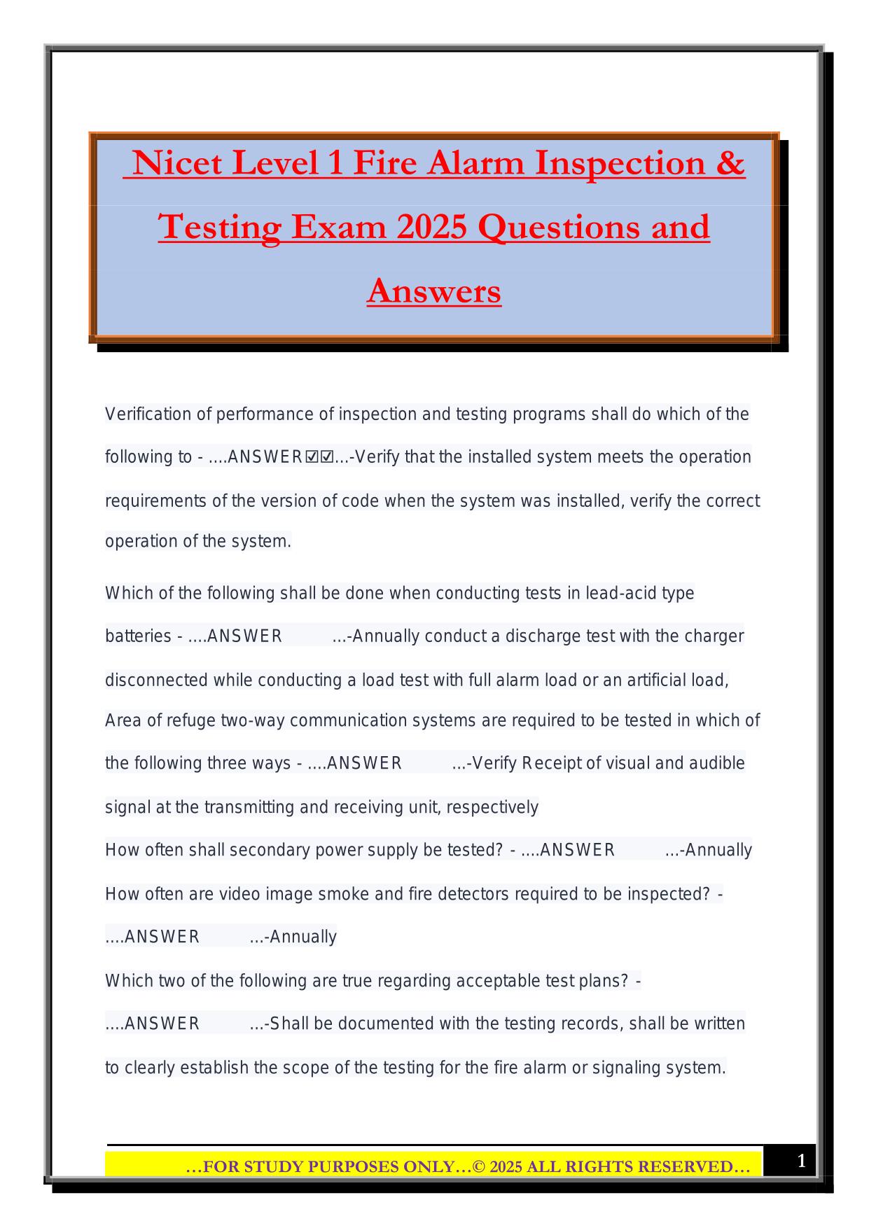 Nicet Level 1 Fire Alarm Inspection & Testing Exam 2025 Questions and Answers