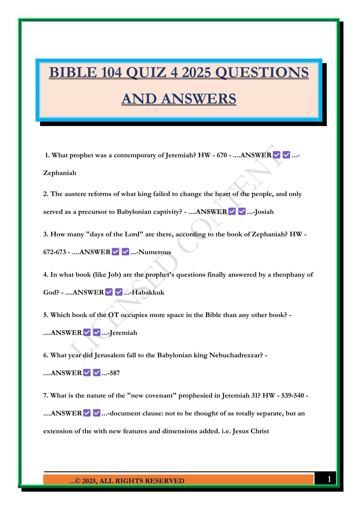 BIBLE 104 QUIZ 4 2025 QUESTIONS AND ANSWERS