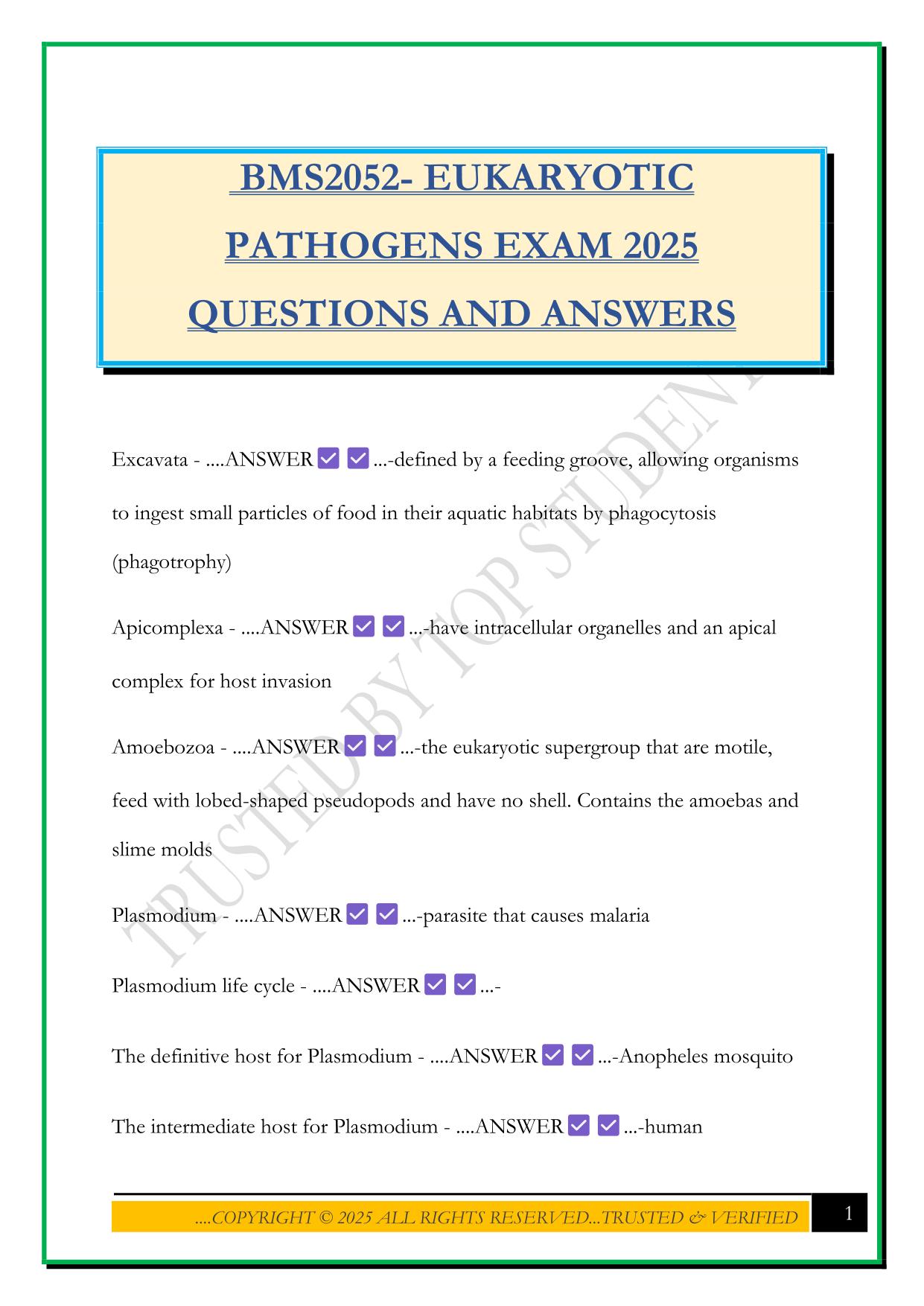 BMS2052- EUKARYOTIC PATHOGENS EXAM 2025 QUESTIONS AND ANSWERS