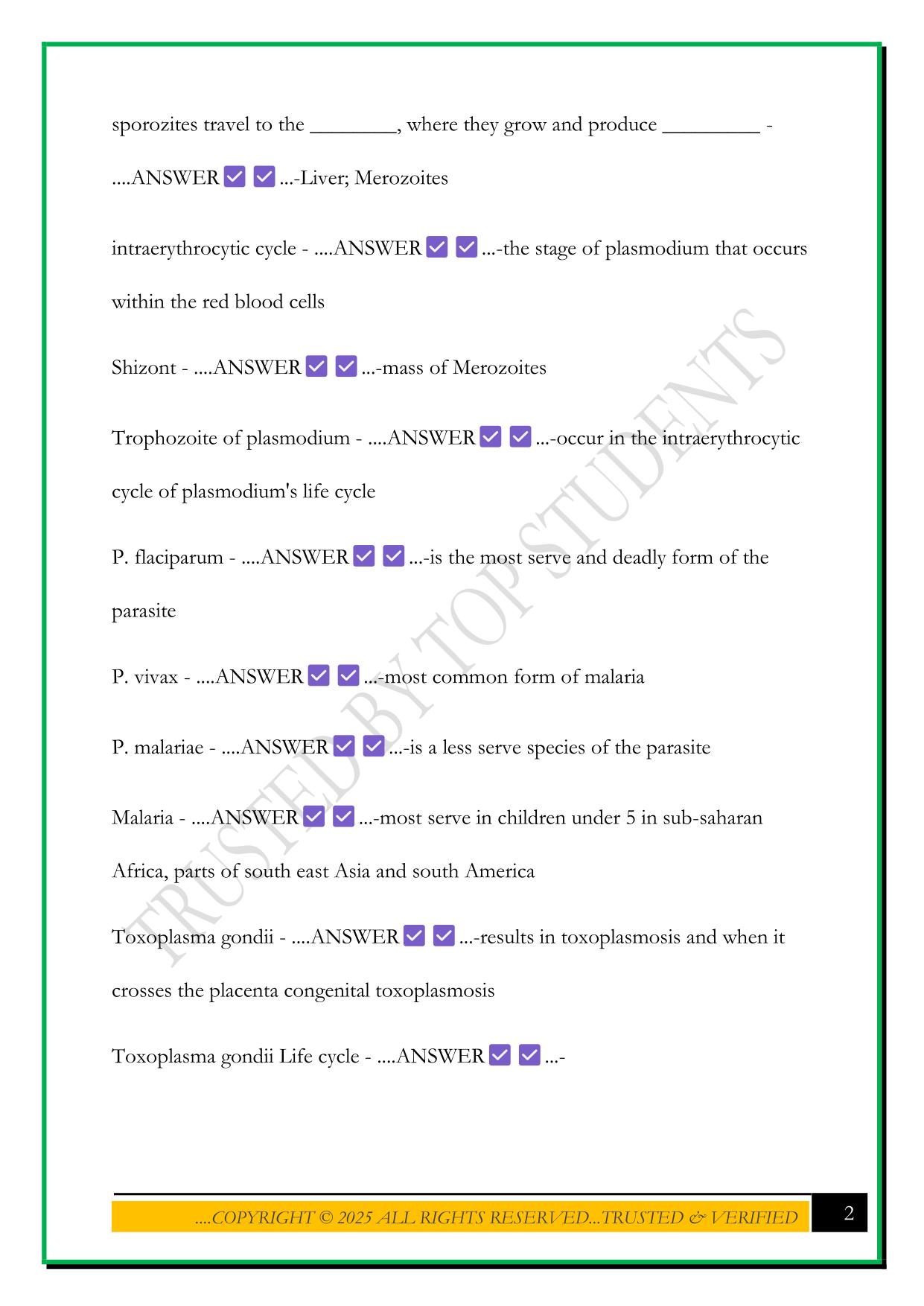 BMS2052- EUKARYOTIC PATHOGENS EXAM 2025 QUESTIONS AND ANSWERS
