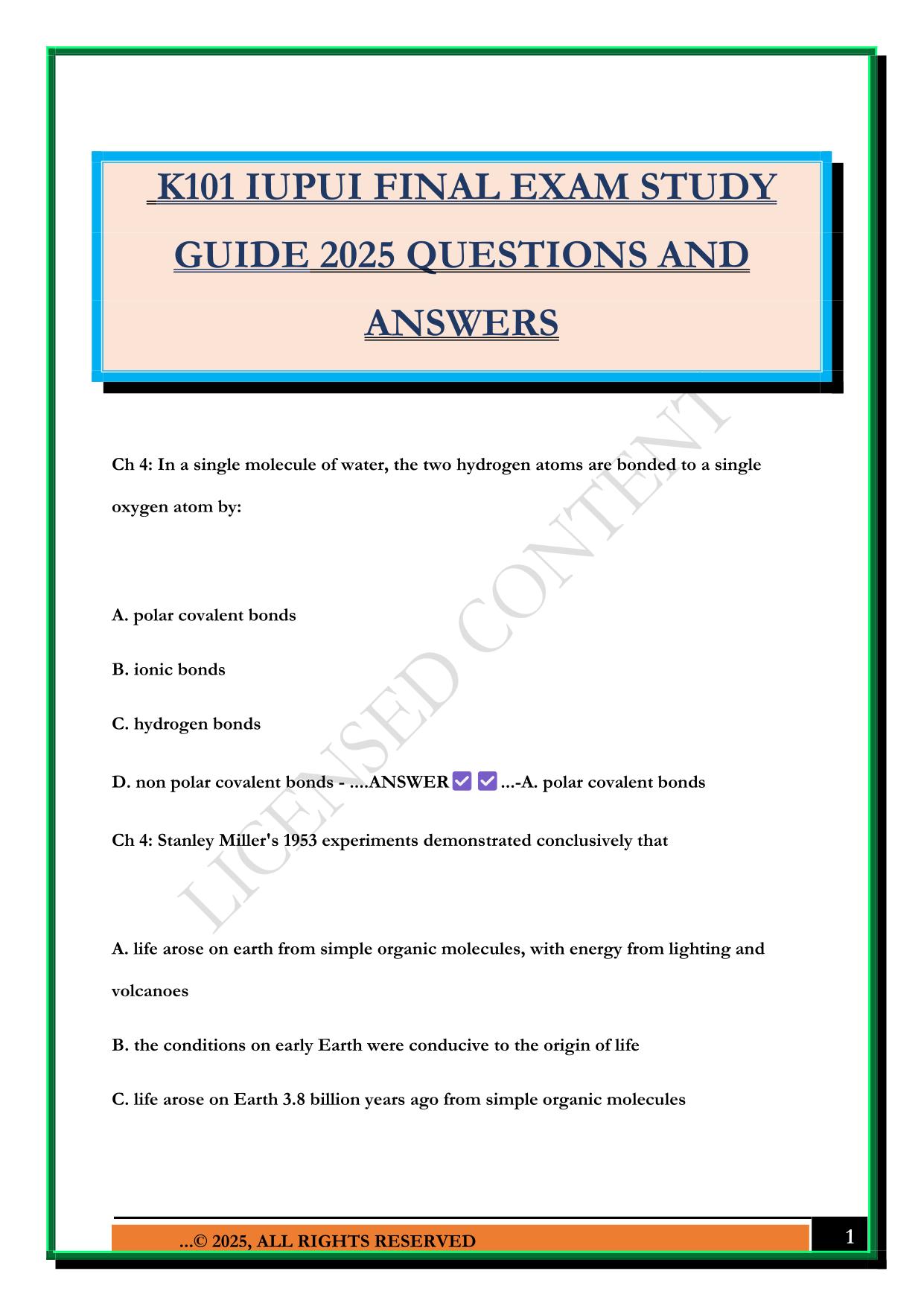 K101 IUPUI FINAL EXAM STUDY GUIDE 2025 QUESTIONS AND ANSWERS