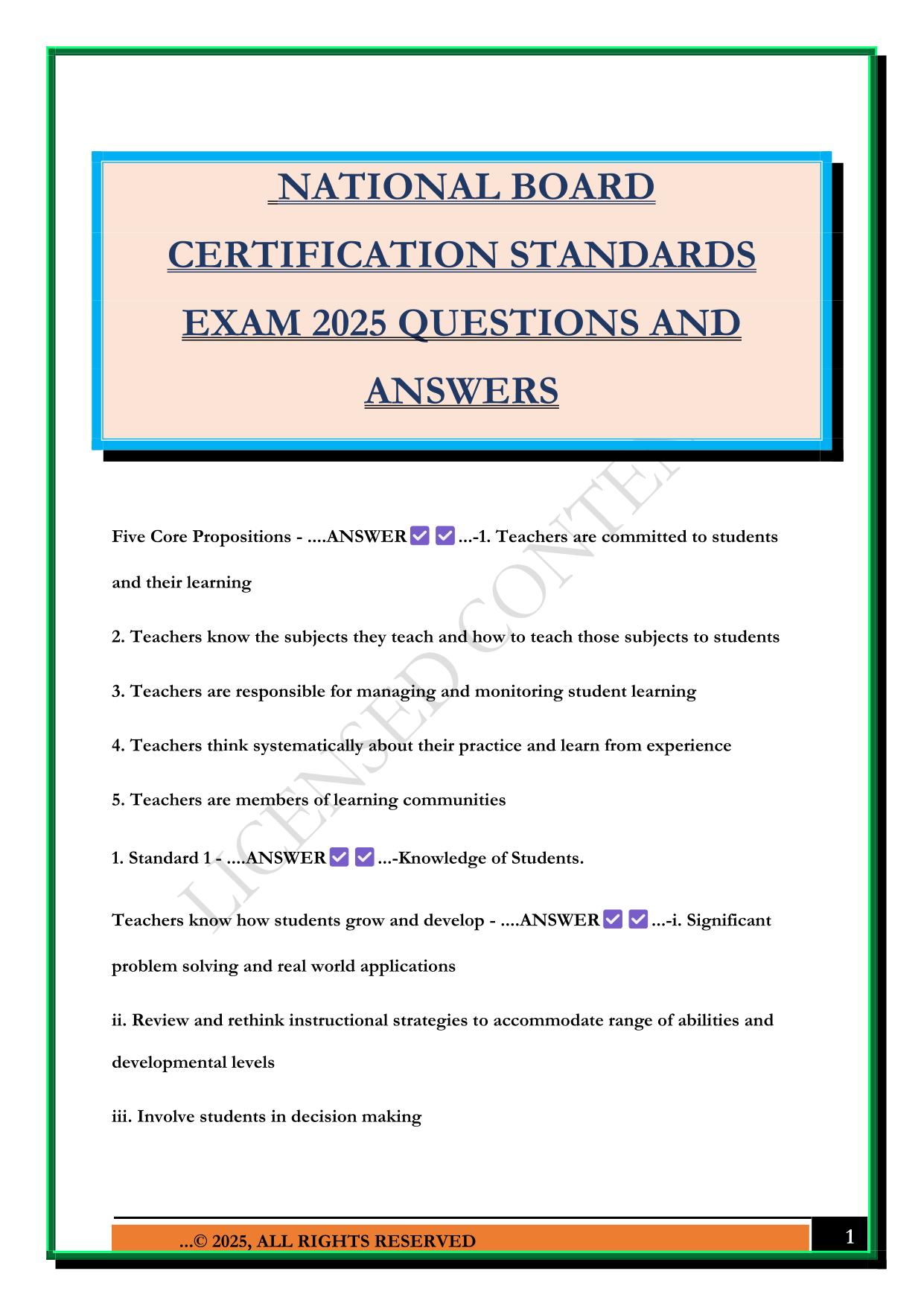 NATIONAL BOARD CERTIFICATION STANDARDS EXAM 2025 QUESTIONS AND ANSWERS
