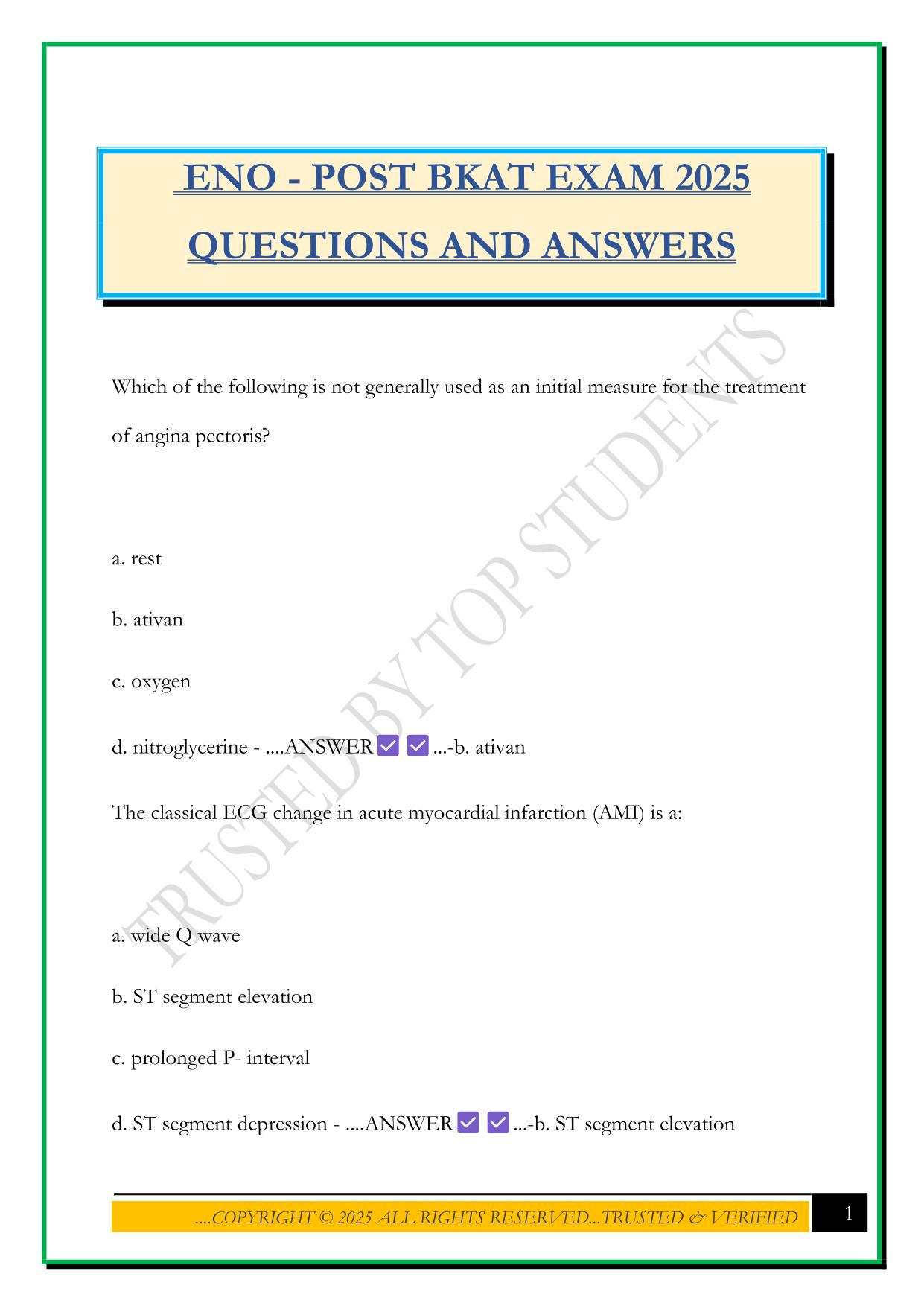 ENO - POST BKAT EXAM 2025 QUESTIONS AND ANSWERS
